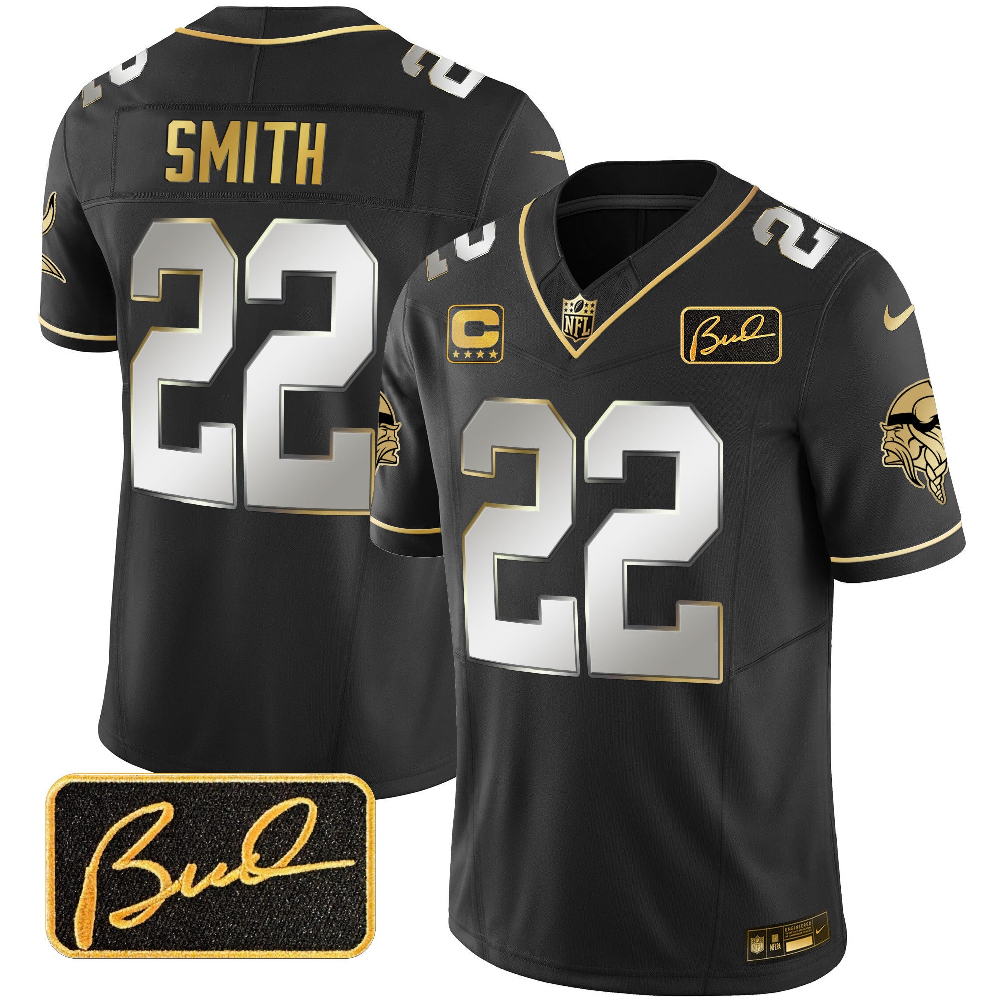 Men's Minnesota Vikings Bud Grant Patch Gold Limited Jersey V2 - All Stitched - Black Limited, Harrison Smith