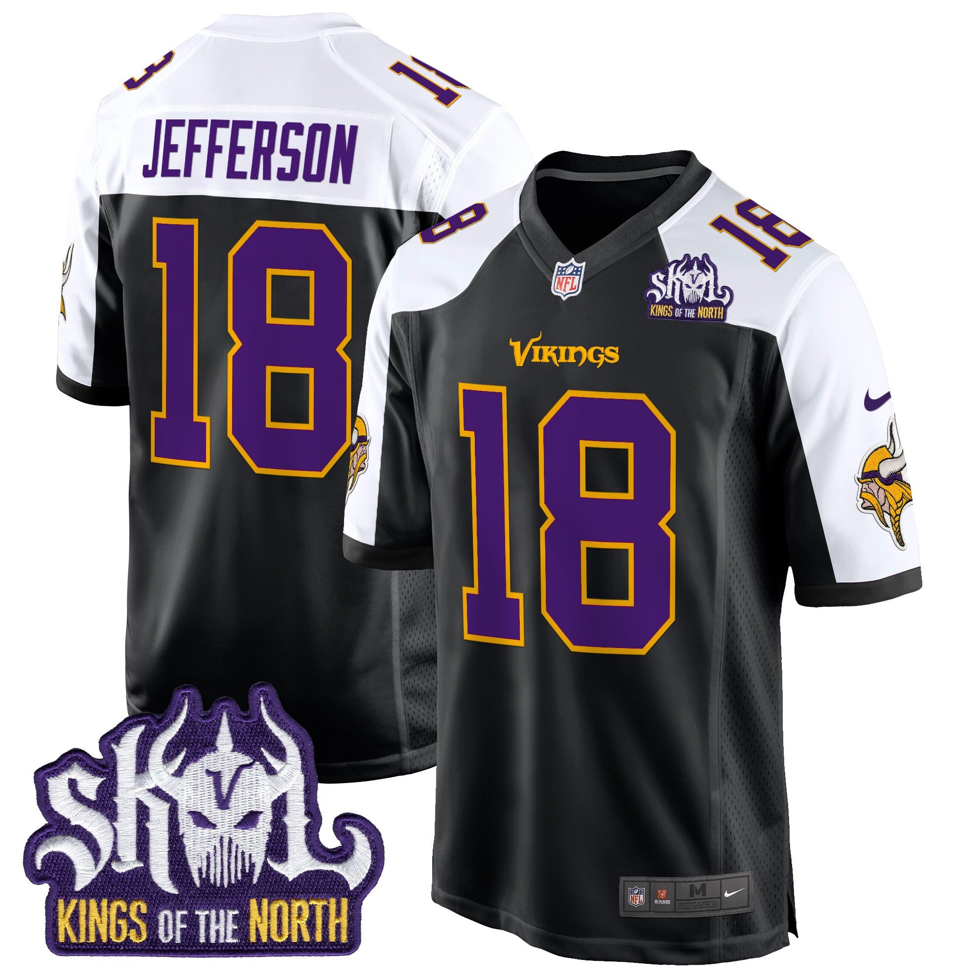 Men's Minnesota Vikings King Of The North Patch Throwback Game Jersey - All Stitched - Black Alternate, Justin Jefferson