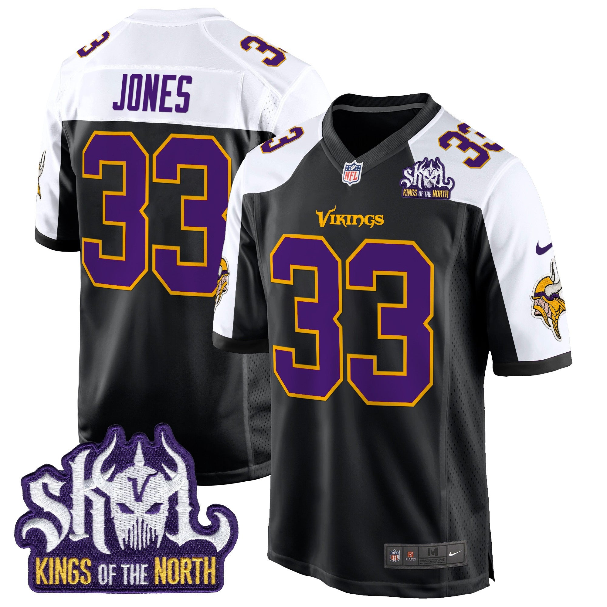 Men's Minnesota Vikings King Of The North Patch Throwback Game Jersey - All Stitched - Black Alternate, Aaron Jones