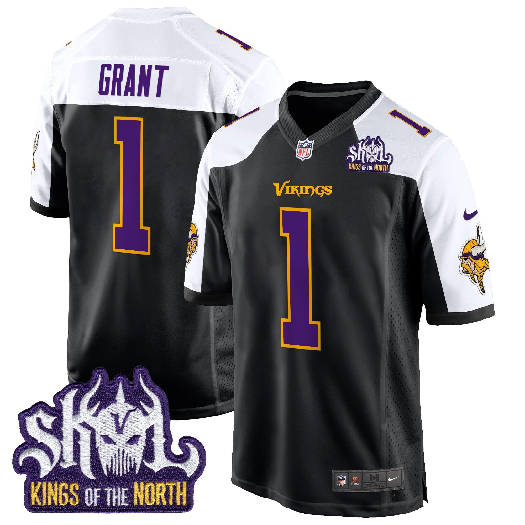Men's Minnesota Vikings King Of The North Patch Throwback Game Jersey - All Stitched - Black Alternate, Bud Grant