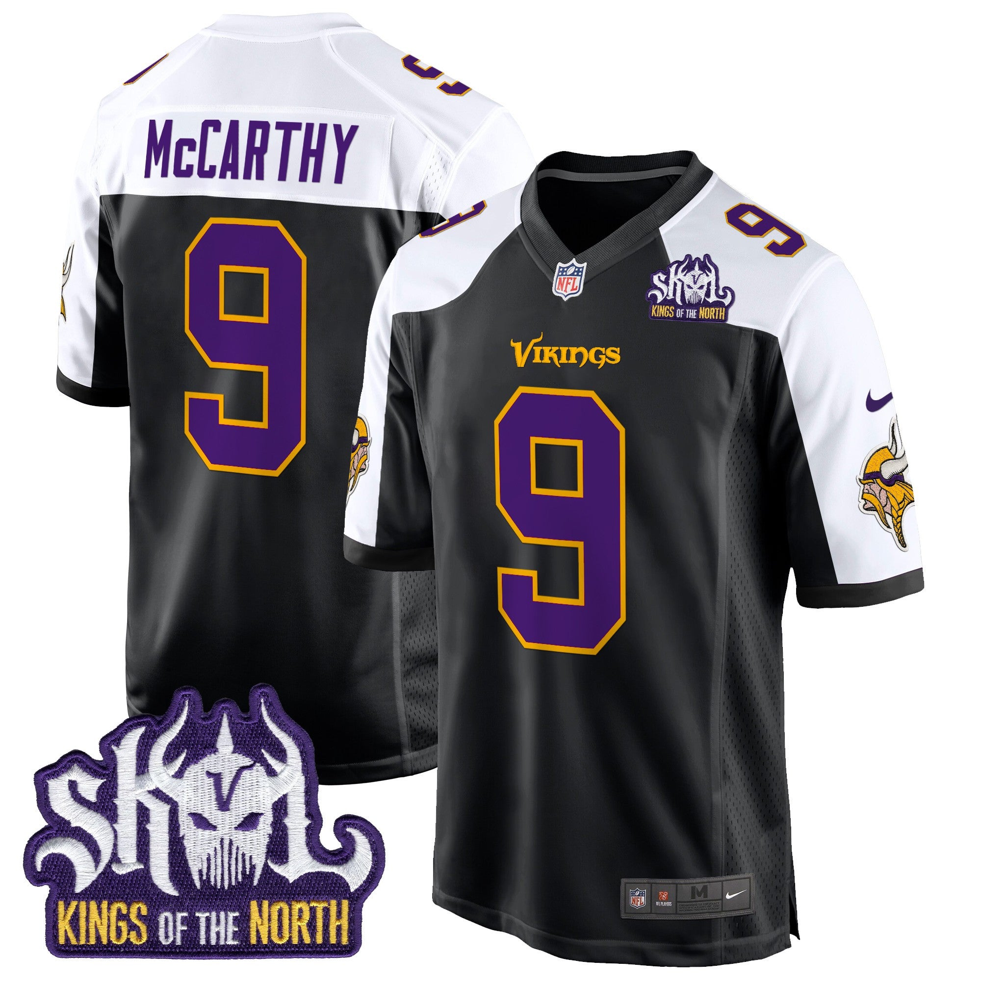 Men's Minnesota Vikings King Of The North Patch Throwback Game Jersey - All Stitched - Black Alternate, J.J. McCarthy