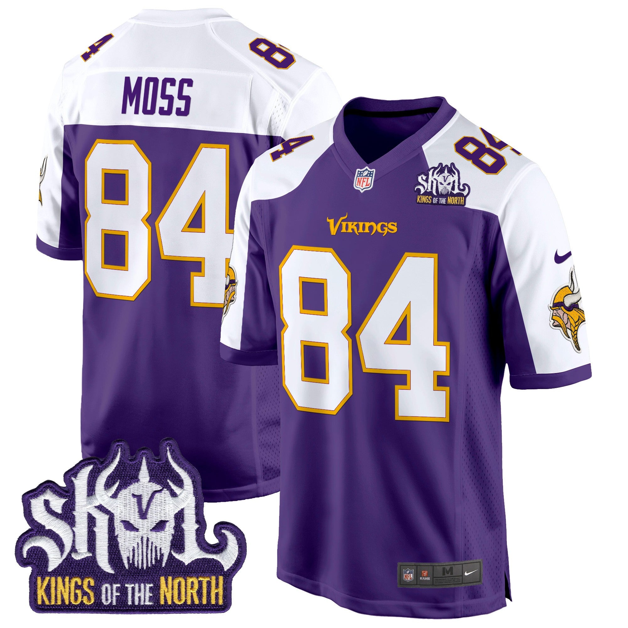 Men's Minnesota Vikings King Of The North Patch Throwback Game Jersey - All Stitched - Purple Alternate, Randy Moss