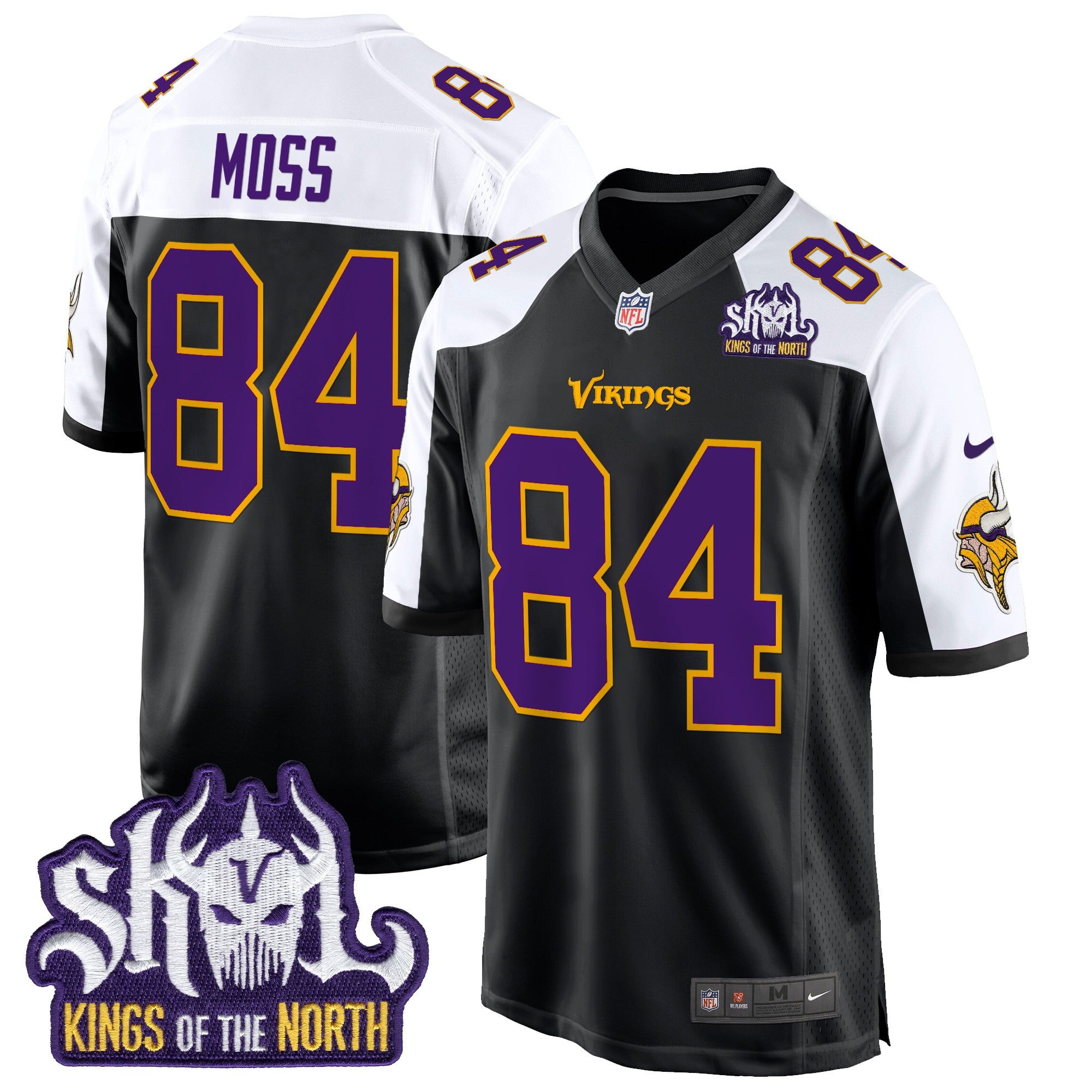 Men's Minnesota Vikings King Of The North Patch Throwback Game Jersey - All Stitched - Black Alternate, Randy Moss