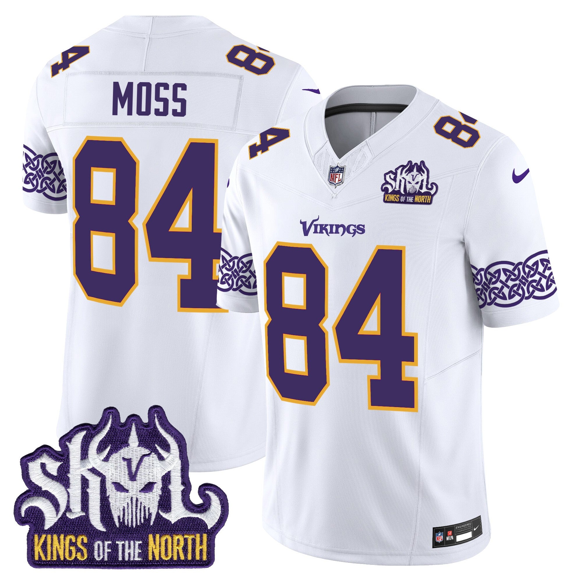 Men's Minnesota Vikings King Of The North Patch Throwback Vapor Limited Jersey V2 - All Stitched - White, Randy Moss