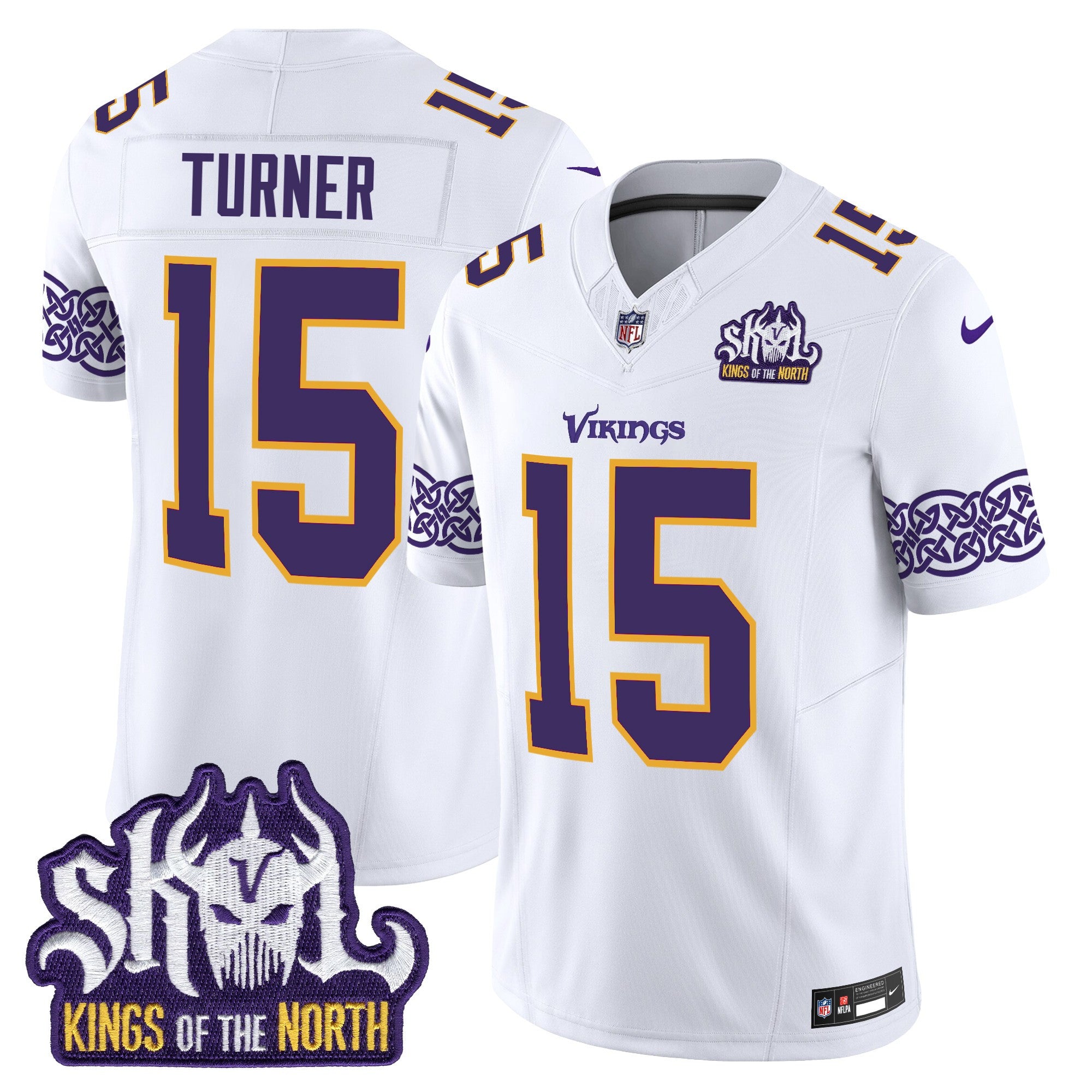 Men's Minnesota Vikings King Of The North Patch Throwback Vapor Limited Jersey V2 - All Stitched - White, Dallas Turner