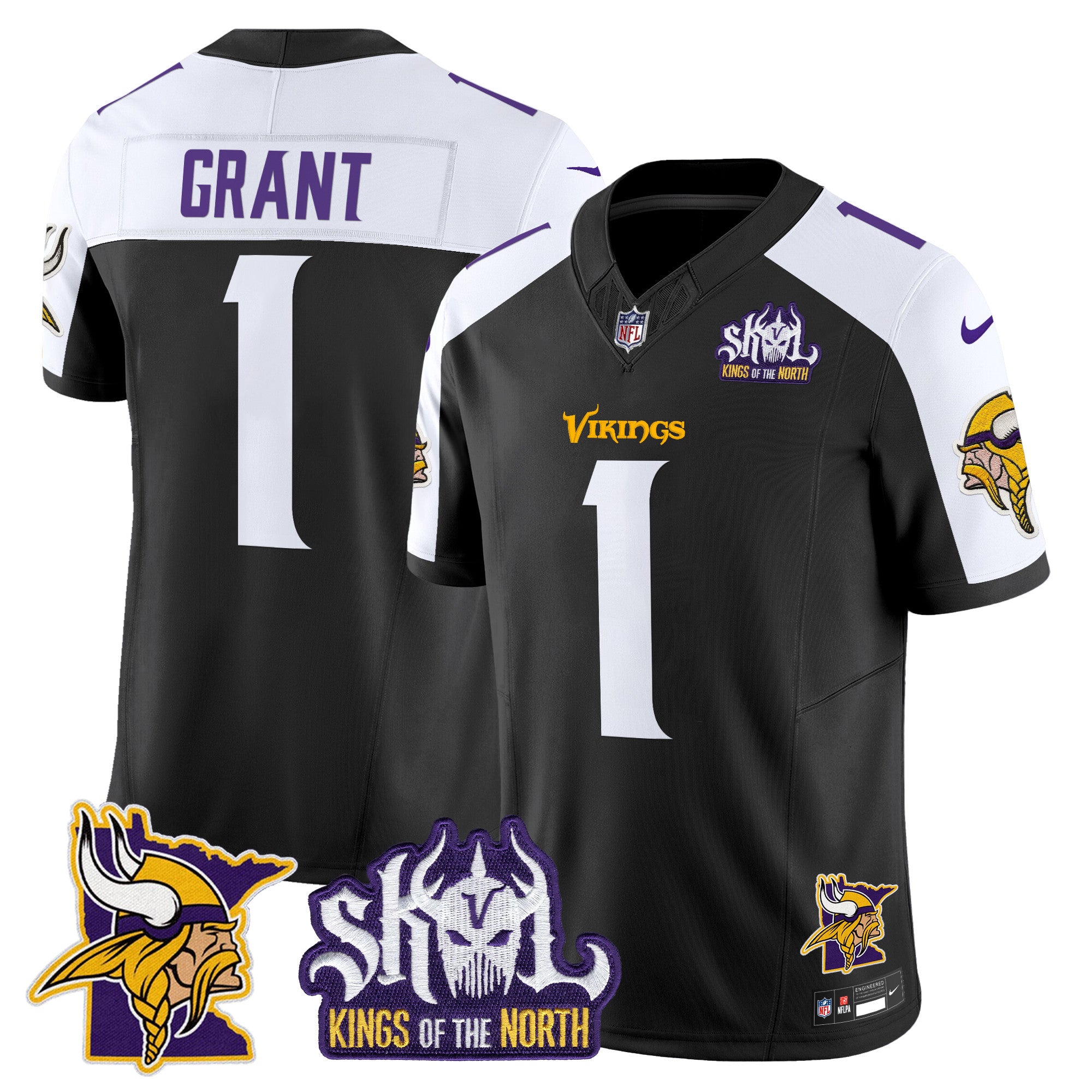 Men's Minnesota Vikings Kings Of The North Patch Vapor Limited Jersey V3 - All Stitched - Black Alternate, Bud Grant