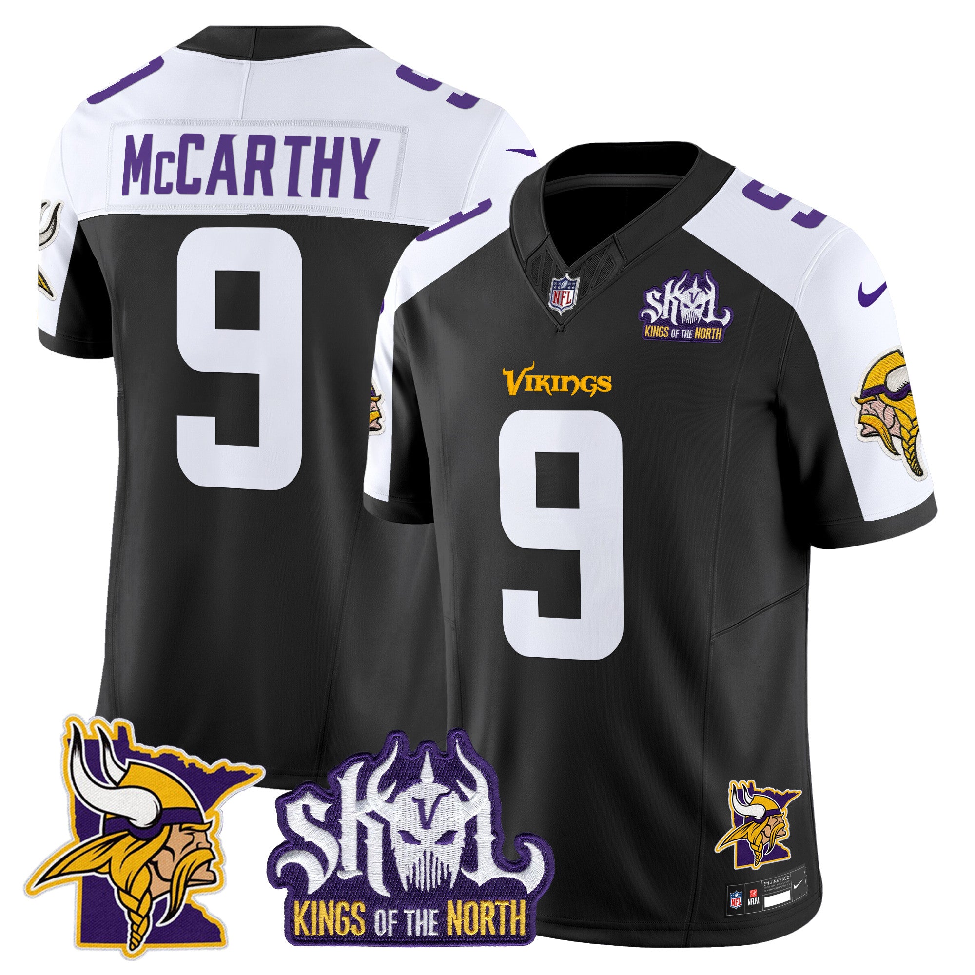 Men's Minnesota Vikings Kings Of The North Patch Vapor Limited Jersey V3 - All Stitched - Black Alternate, J.J. McCarthy