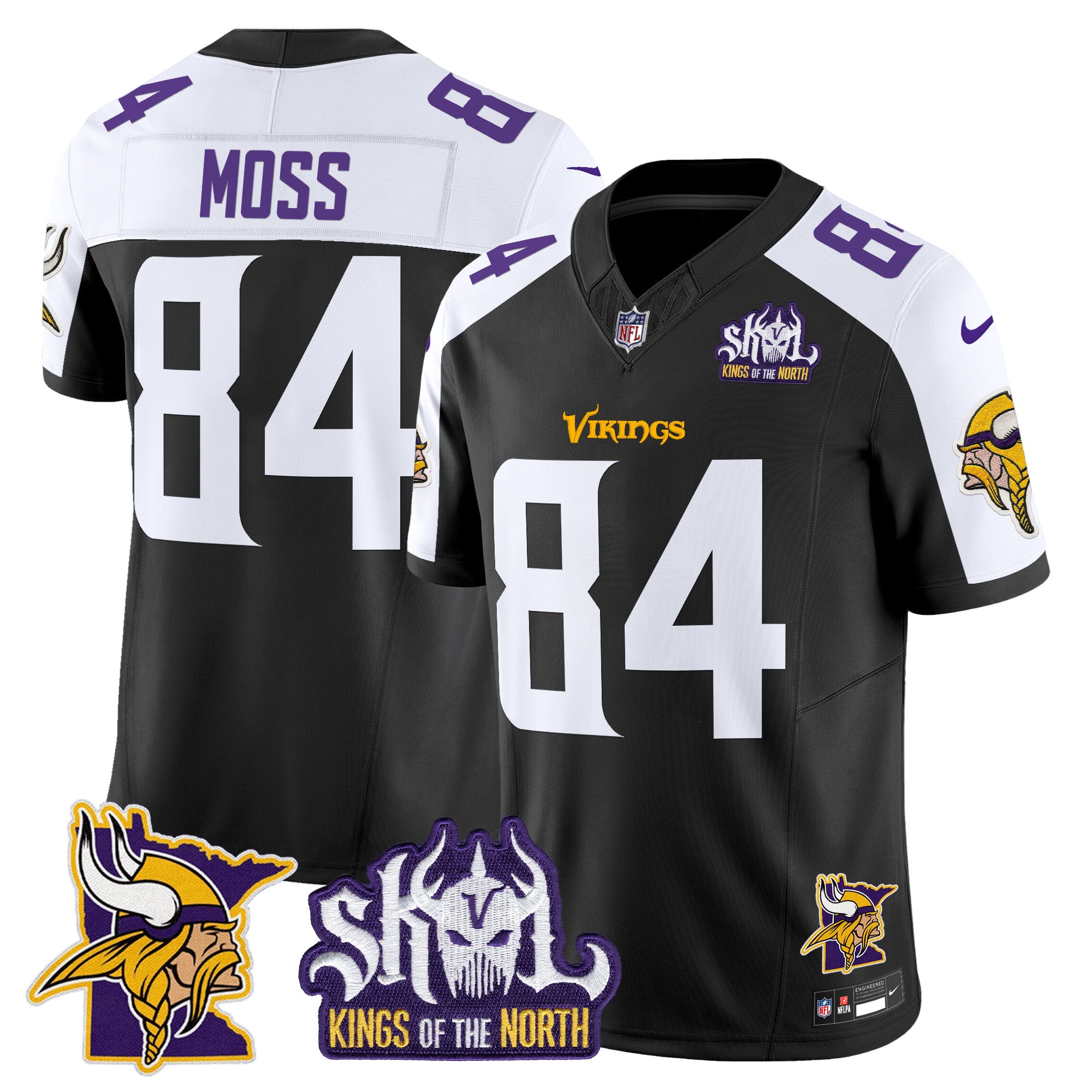 Men's Minnesota Vikings Kings Of The North Patch Vapor Limited Jersey V3 - All Stitched - Black Alternate, Randy Moss