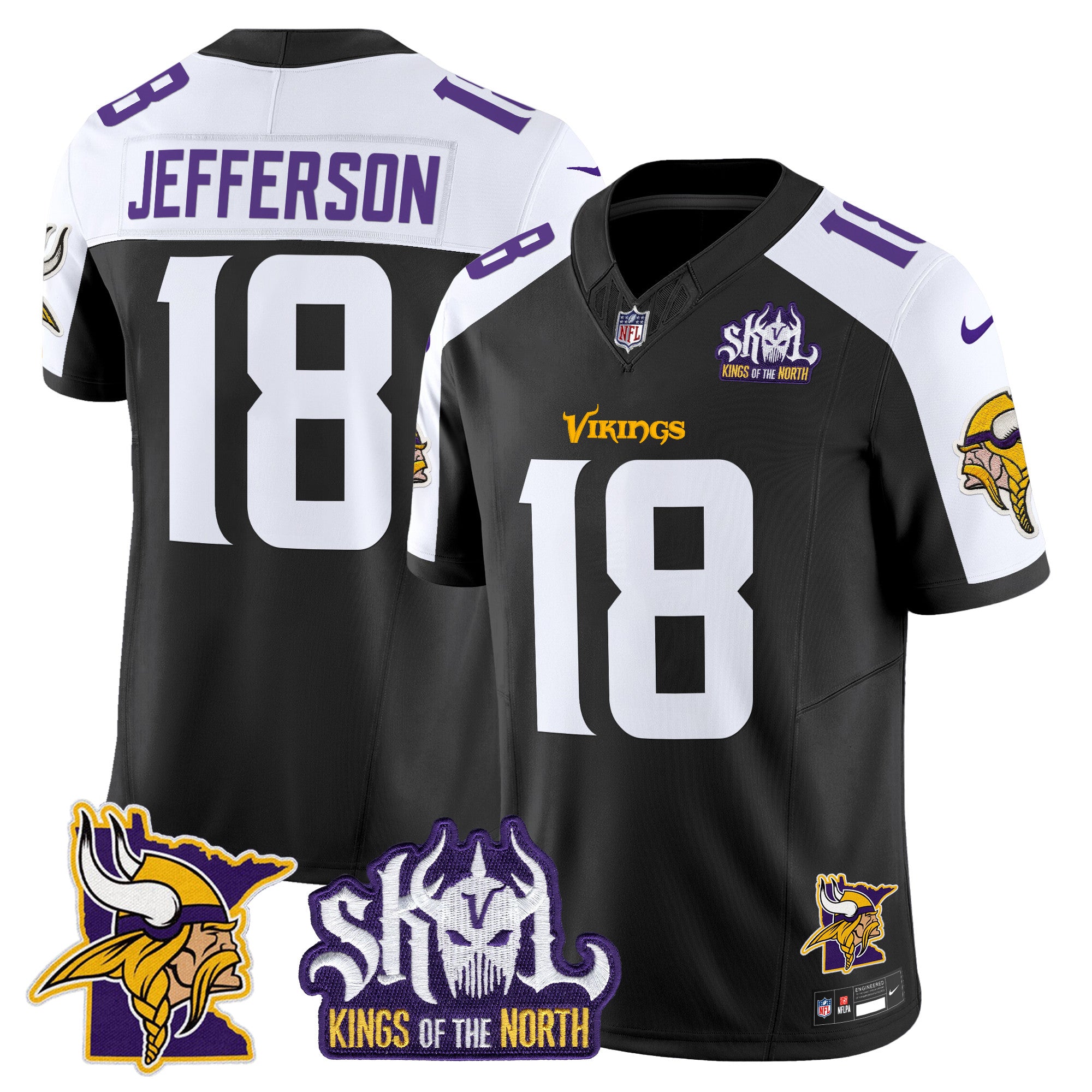 Men's Minnesota Vikings Kings Of The North Patch Vapor Limited Jersey V3 - All Stitched - Black Alternate, Justin Jefferson