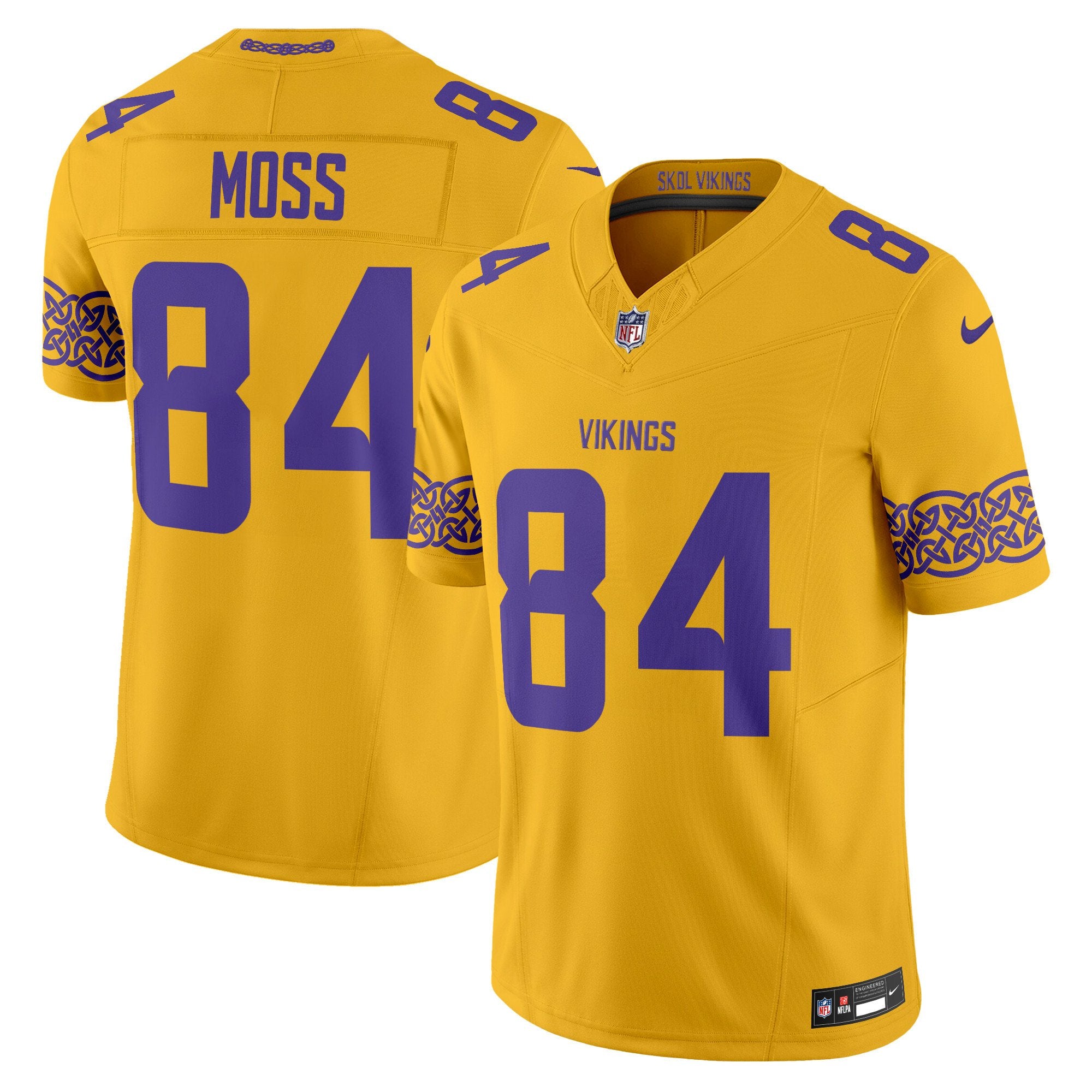 Men's Minnesota Vikings Nordic Pattern Vapor Limited Jersey - All Stitched - Gold, Randy Moss