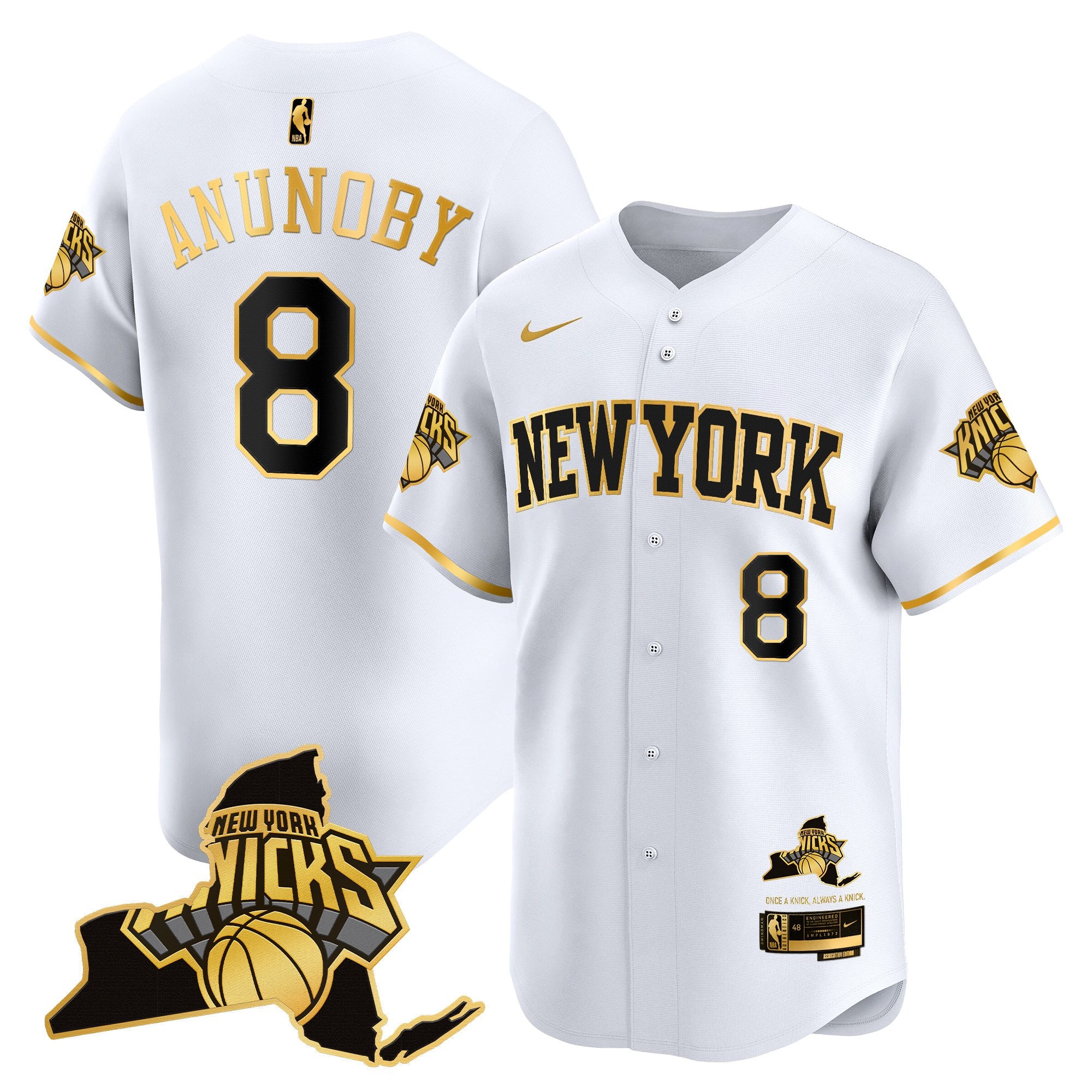 Men's New York Knicks Vapor Baseball Jersey - All Stitched - White Gold, OG Anunoby