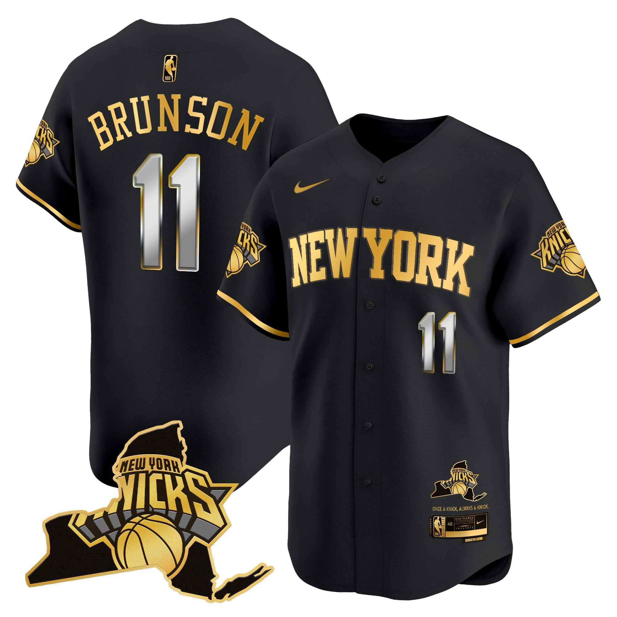 Men's New York Knicks Vapor Baseball Jersey - All Stitched - Black Gold, Jalen Brunson