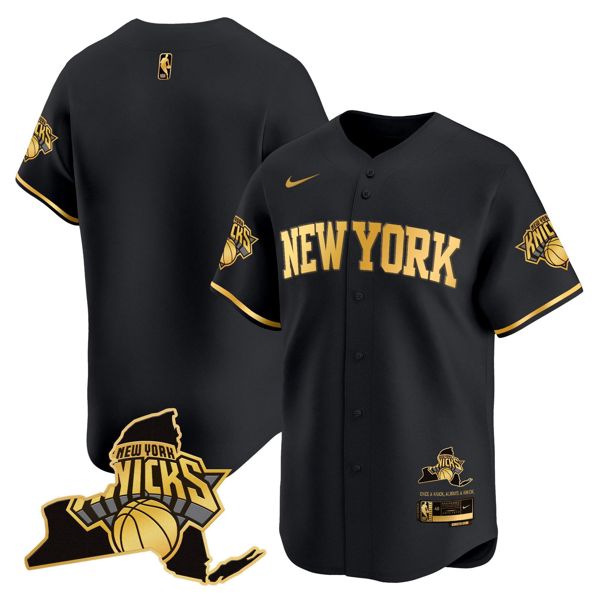 Men's New York Knicks Vapor Baseball Jersey - All Stitched - Black Gold, Team