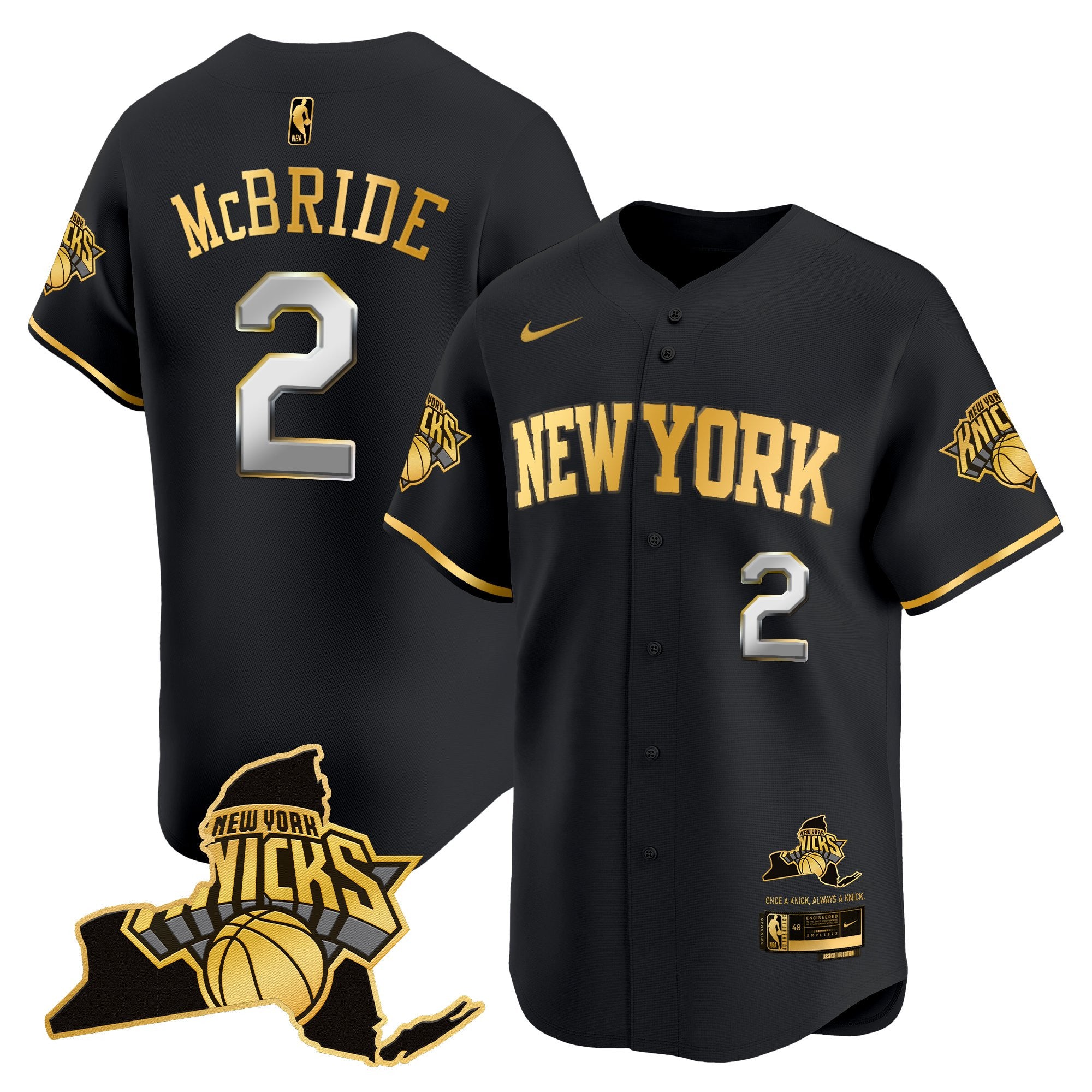 Men's New York Knicks Vapor Baseball Jersey - All Stitched - Black Gold, Miles McBride