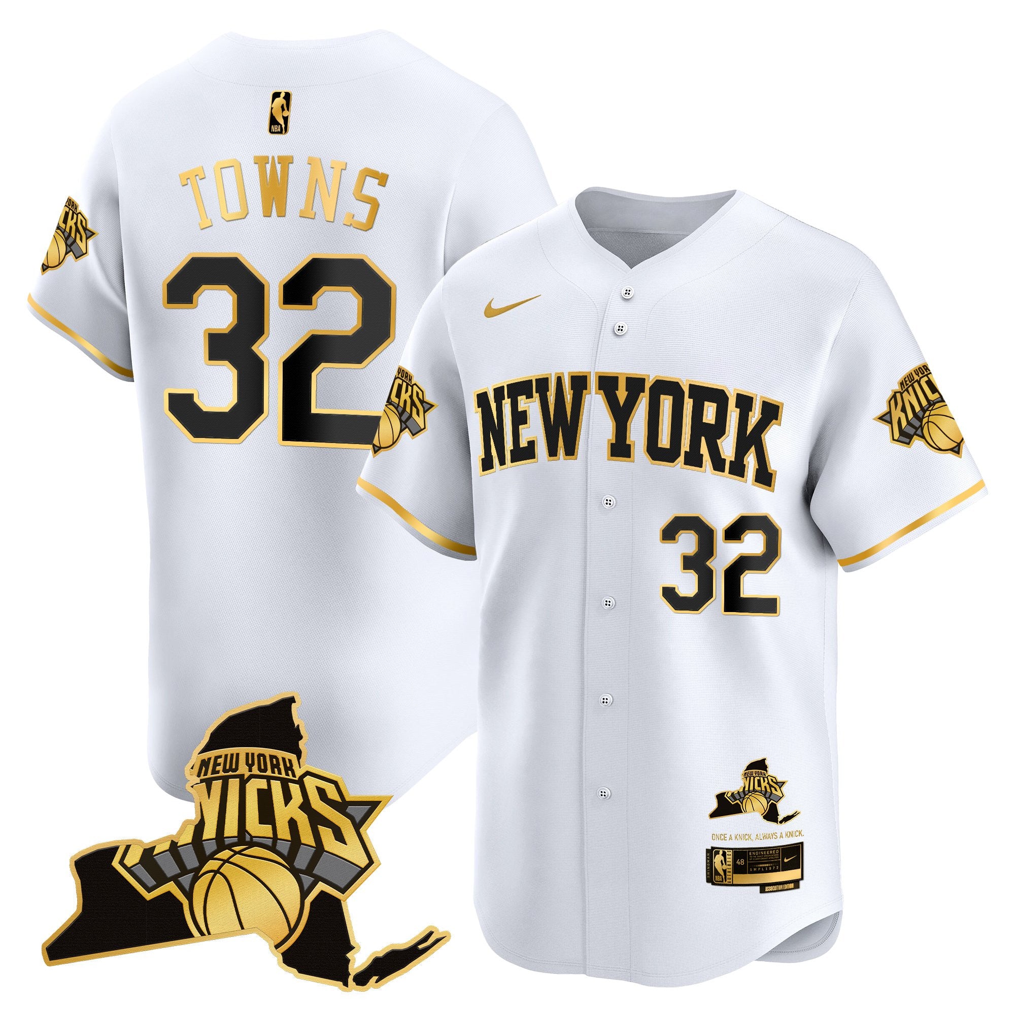 Men's New York Knicks Vapor Baseball Jersey - All Stitched - White Gold, Karl-Anthony Towns
