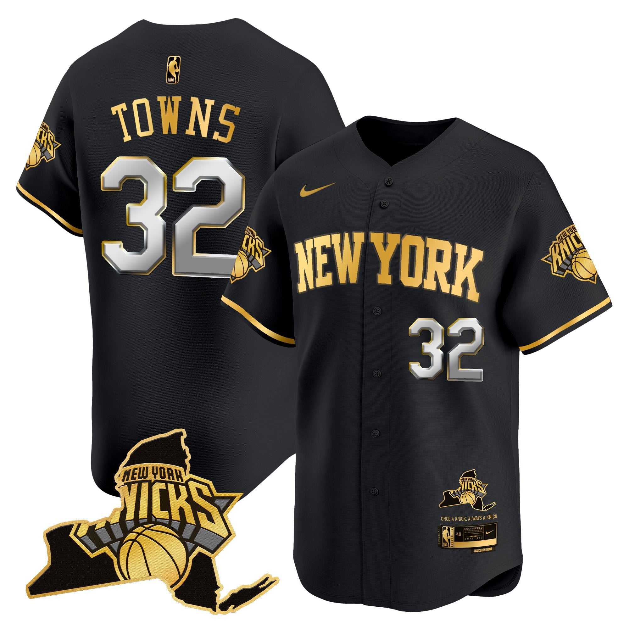 Men's New York Knicks Vapor Baseball Jersey - All Stitched - Black Gold, Karl-Anthony Towns