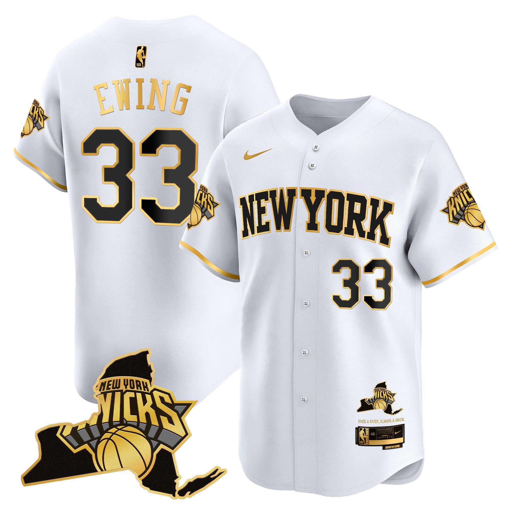Men's New York Knicks Vapor Baseball Jersey - All Stitched - White Gold, Patrick Ewing