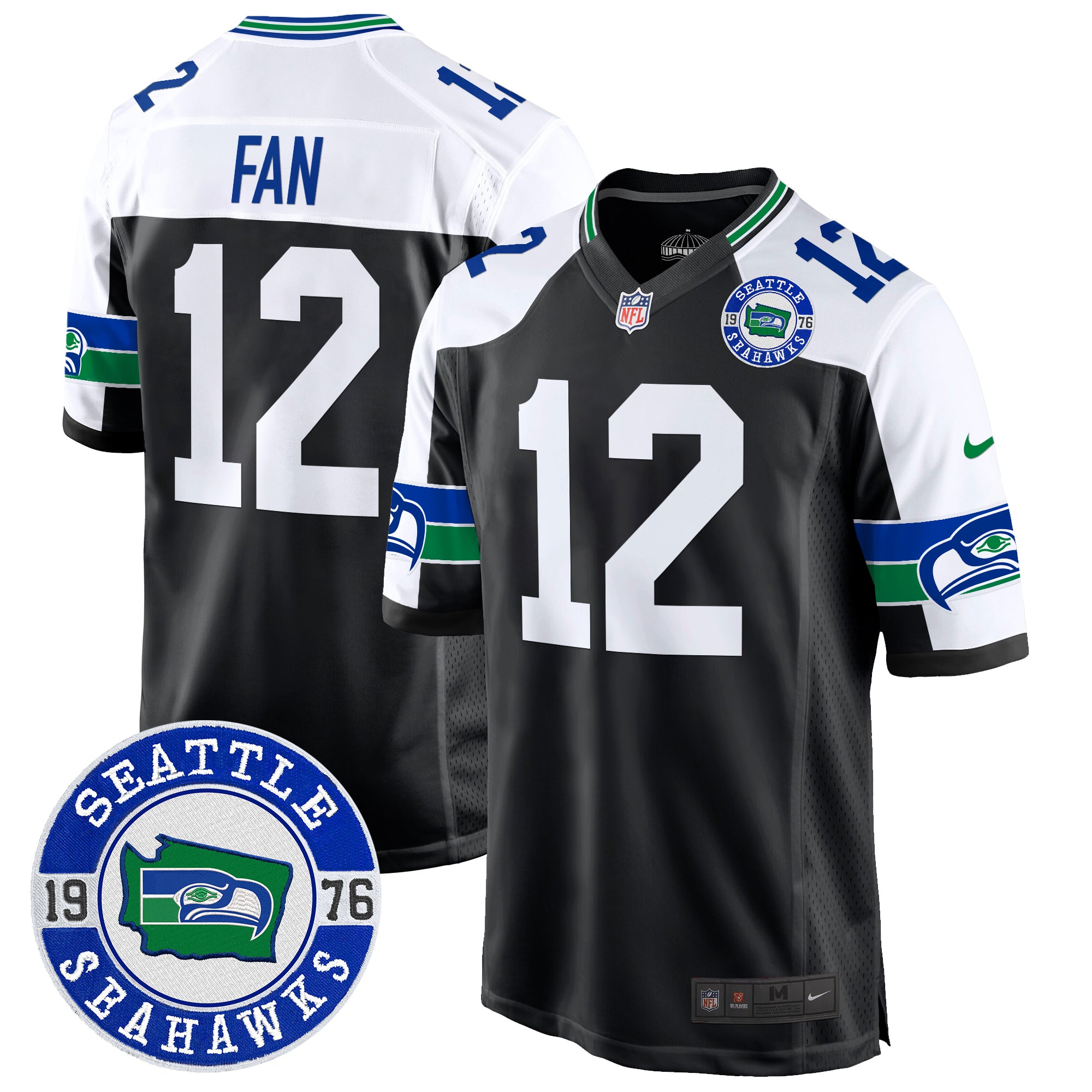 Men's Seahawks Throwback Est. 1976 Patch Game Jersey - All Stitched - Black Alternate, 12Th Fan