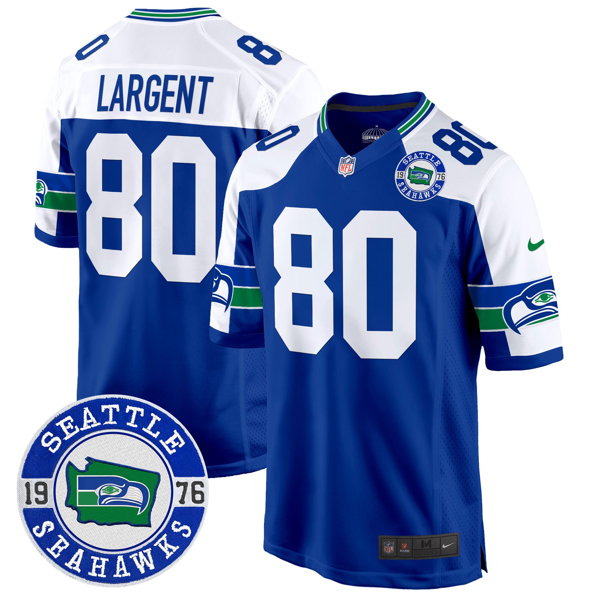 Men's Seahawks Throwback Est. 1976 Patch Game Jersey - All Stitched - Royal Alternate, Steve Largent