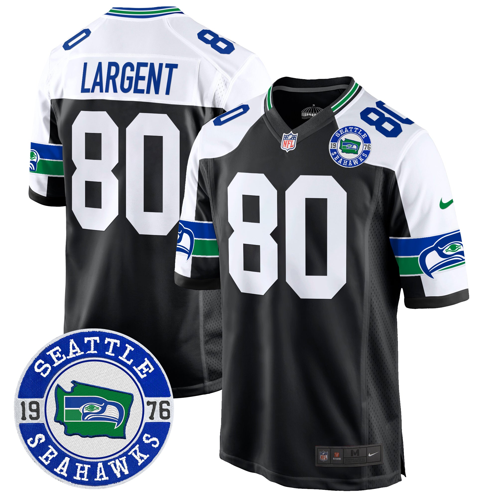 Men's Seahawks Throwback Est. 1976 Patch Game Jersey - All Stitched - Black Alternate, Steve Largent