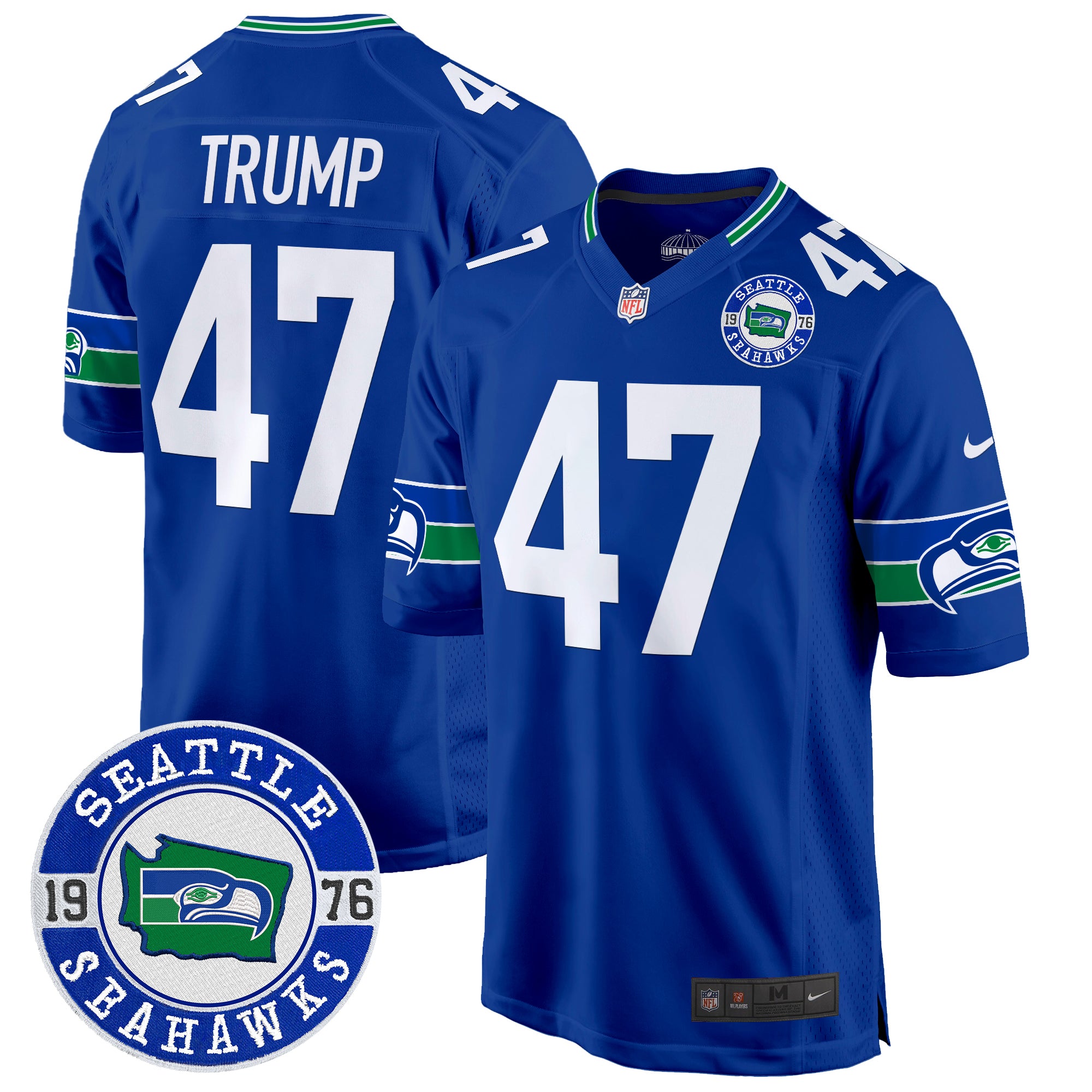 Men's Seahawks Throwback Est. 1976 Patch Game Jersey - All Stitched - Royal, Donald Trump