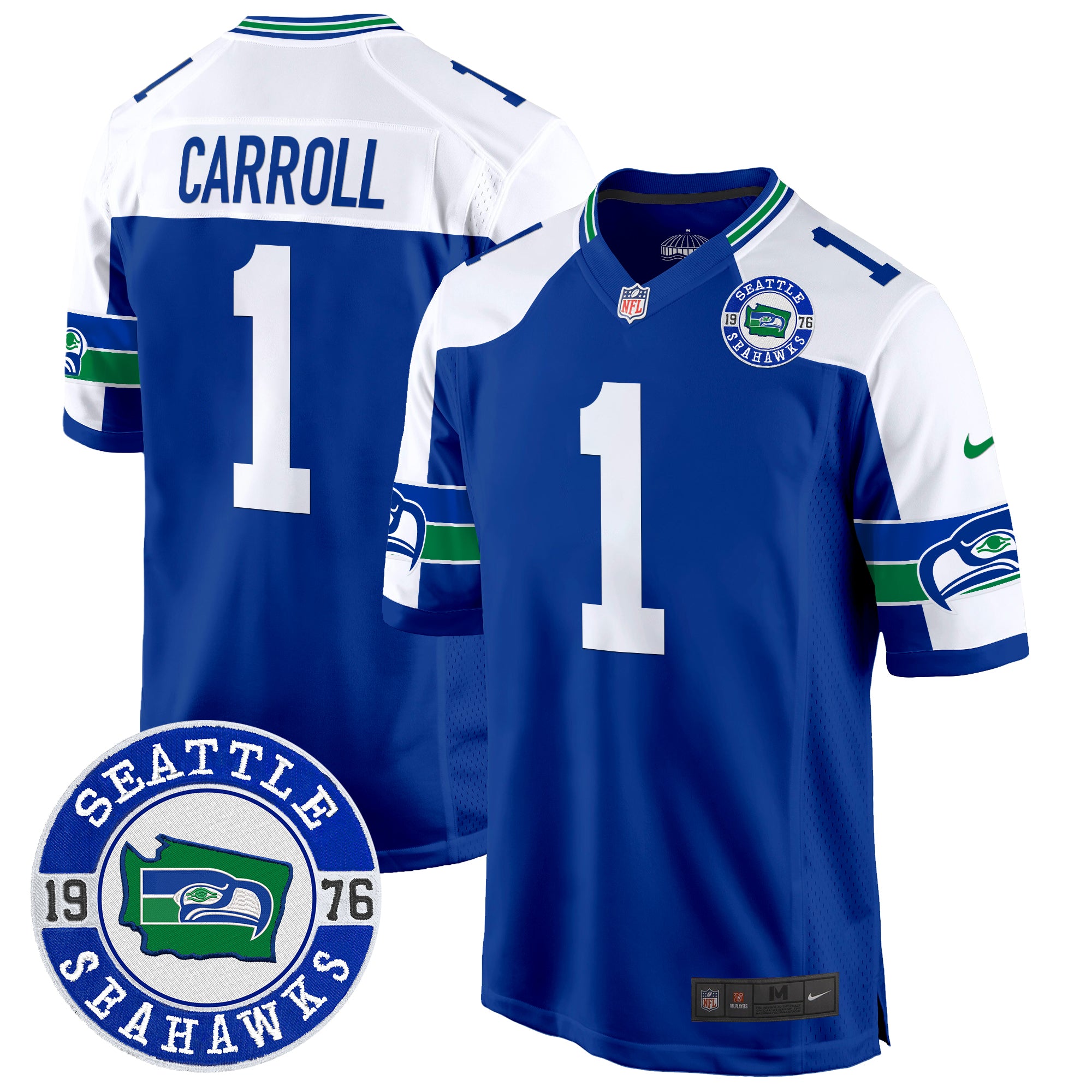 Men's Seahawks Throwback Est. 1976 Patch Game Jersey - All Stitched - Royal Alternate, Pete Carroll
