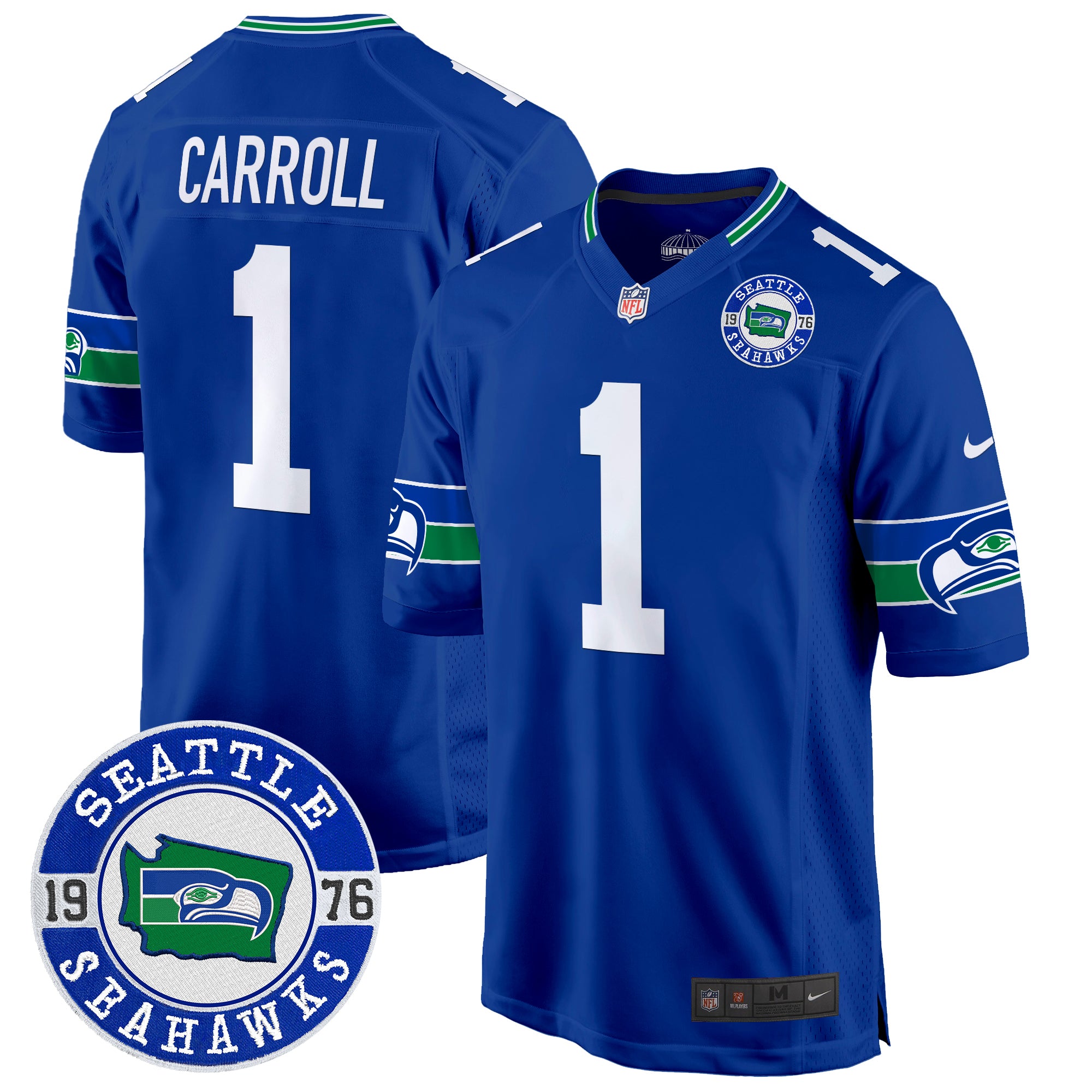 Men's Seahawks Throwback Est. 1976 Patch Game Jersey - All Stitched - Royal, Pete Carroll