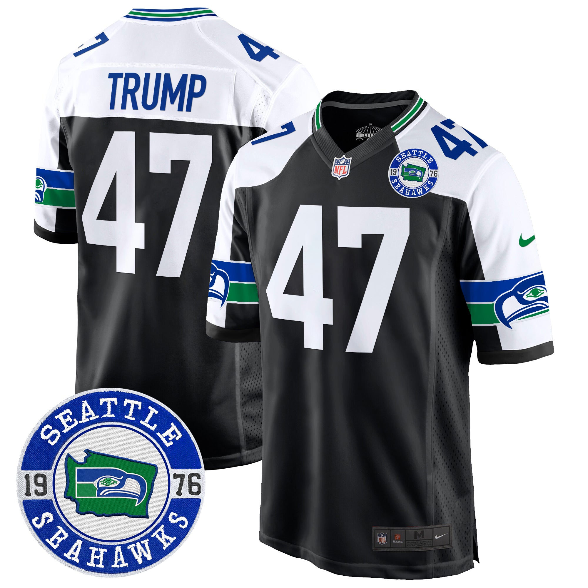 Men's Seahawks Throwback Est. 1976 Patch Game Jersey - All Stitched - Black Alternate, Donald Trump