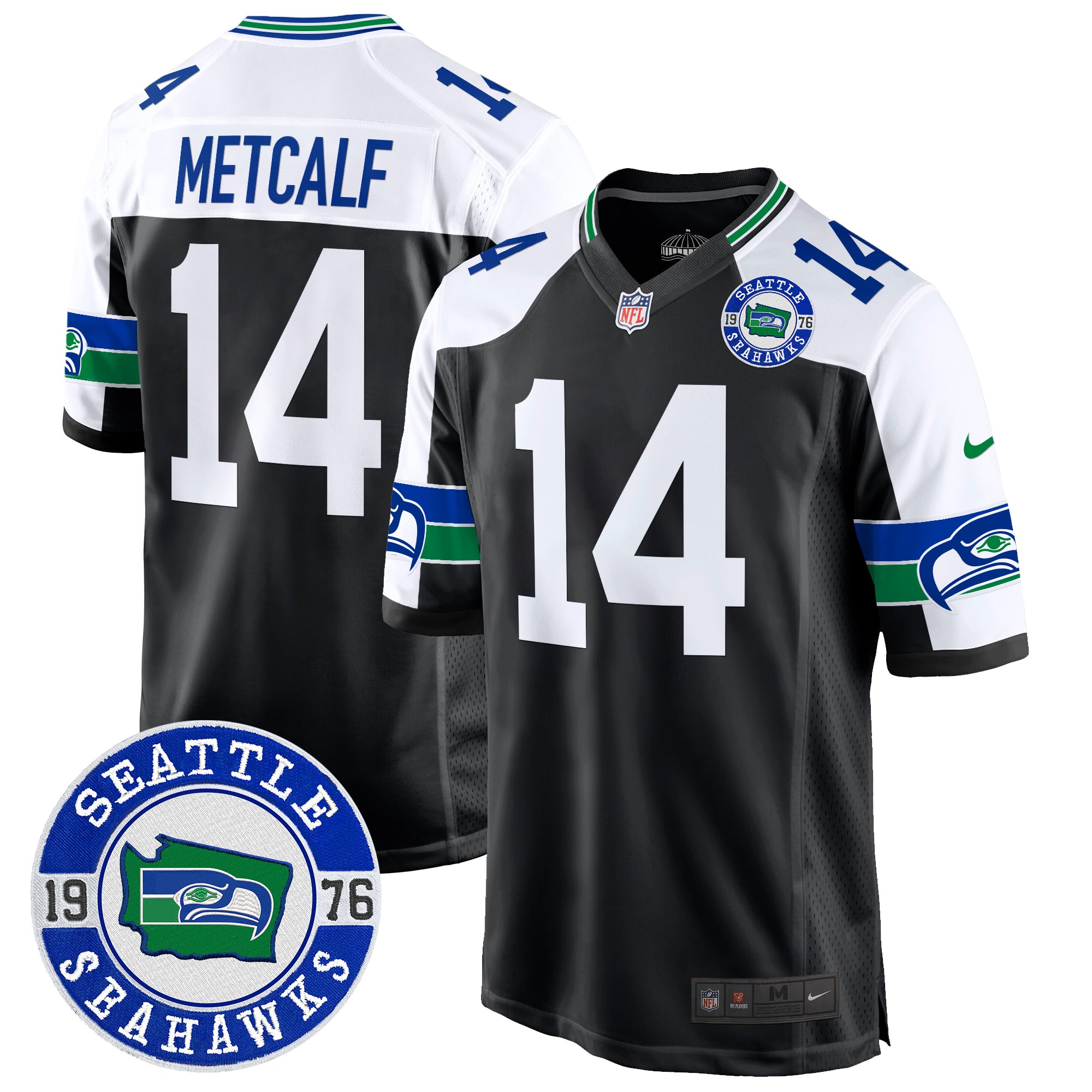Men's Seahawks Throwback Est. 1976 Patch Game Jersey - All Stitched - Black Alternate, Dk Metcalf