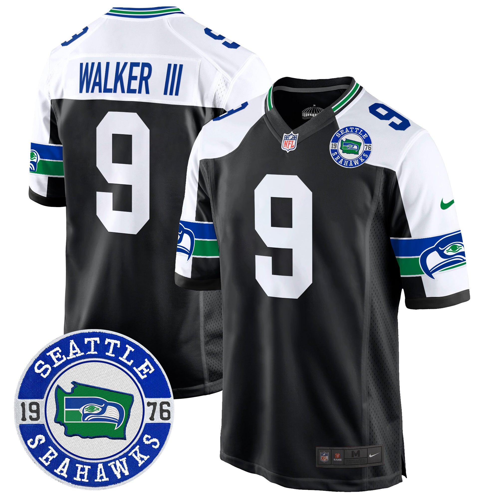 Men's Seahawks Throwback Est. 1976 Patch Game Jersey - All Stitched - Black Alternate, Walker III