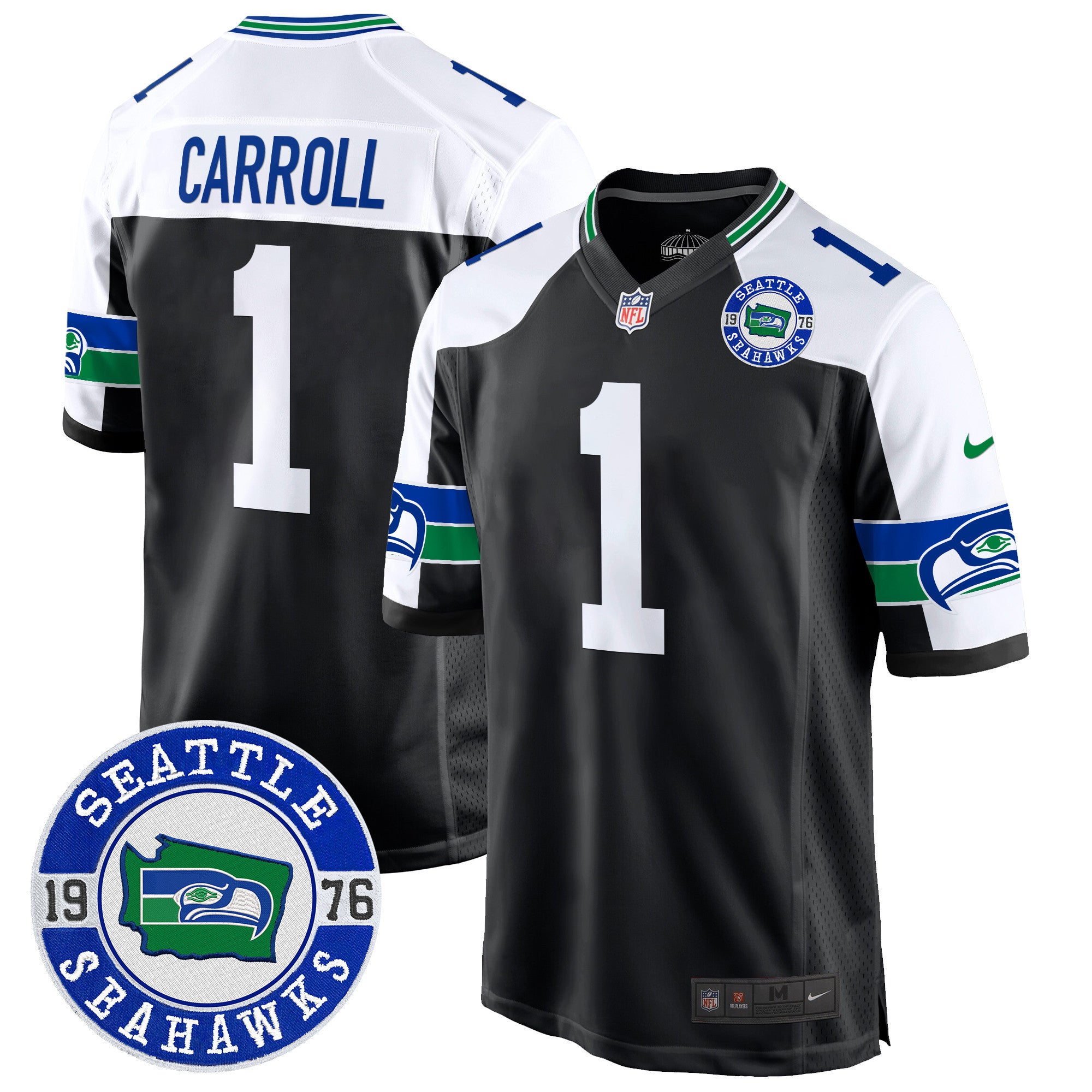 Men's Seahawks Throwback Est. 1976 Patch Game Jersey - All Stitched - Black Alternate, Pete Carroll
