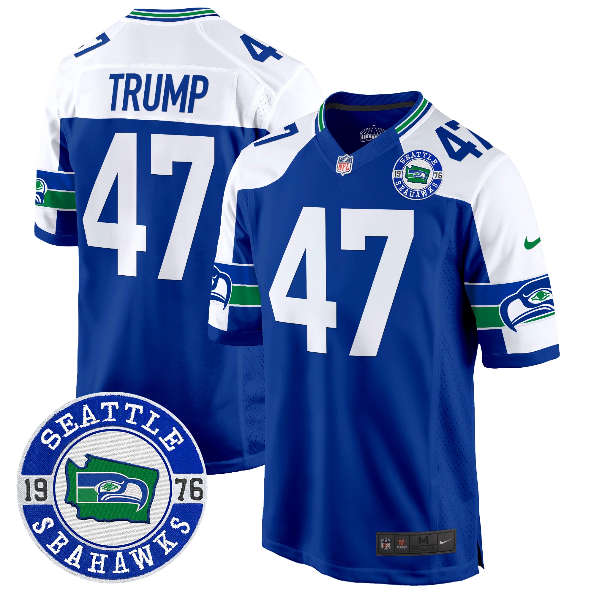 Men's Seahawks Throwback Est. 1976 Patch Game Jersey - All Stitched - Royal Alternate, Donald Trump