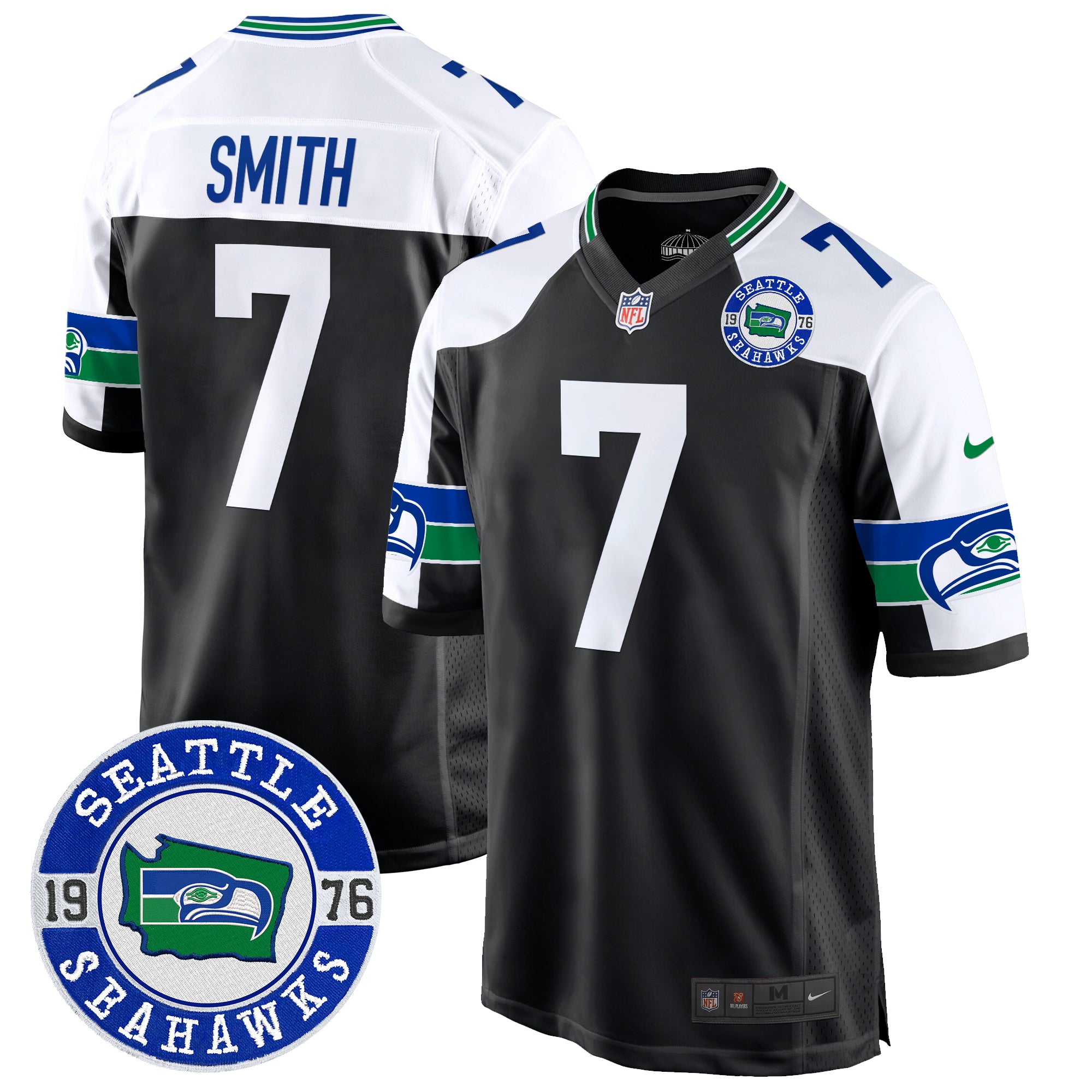 Men's Seahawks Throwback Est. 1976 Patch Game Jersey - All Stitched - Black Alternate, Geno Smith