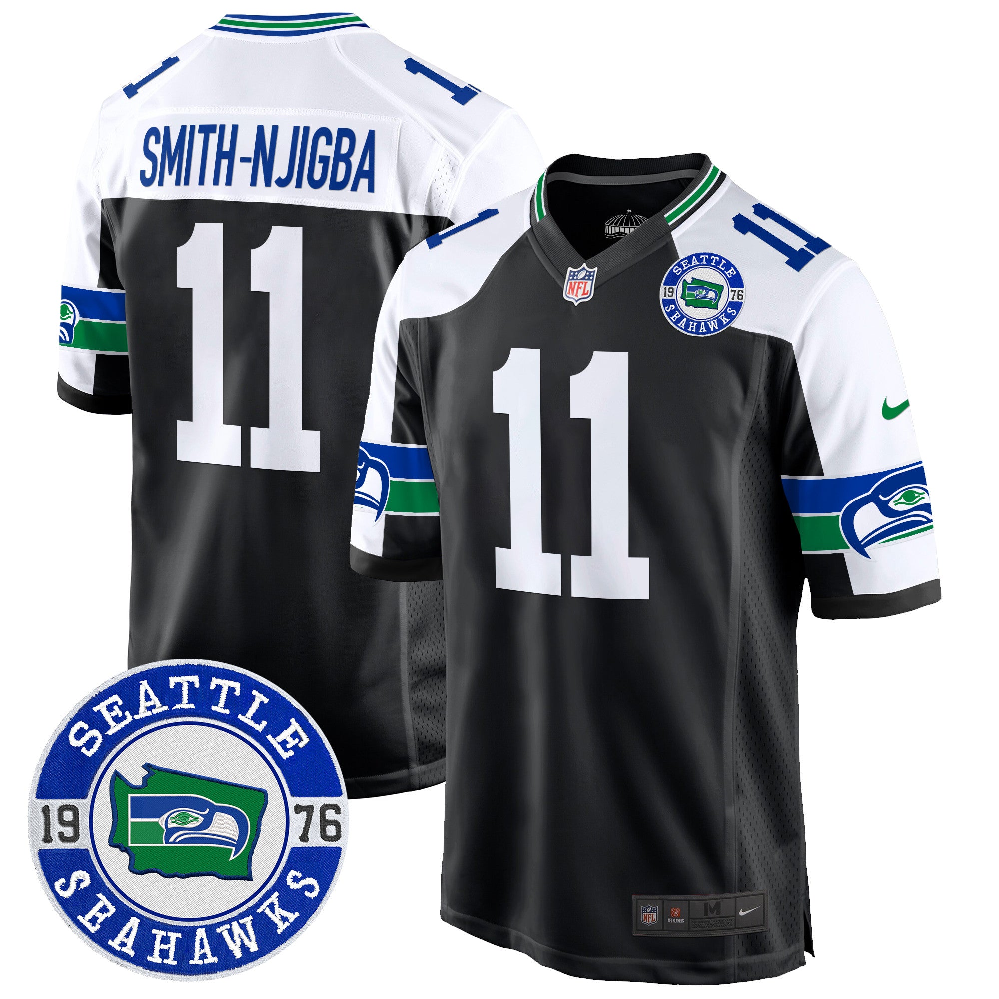 Men's Seahawks Throwback Est. 1976 Patch Game Jersey - All Stitched - Black Alternate, Smith-Njigba