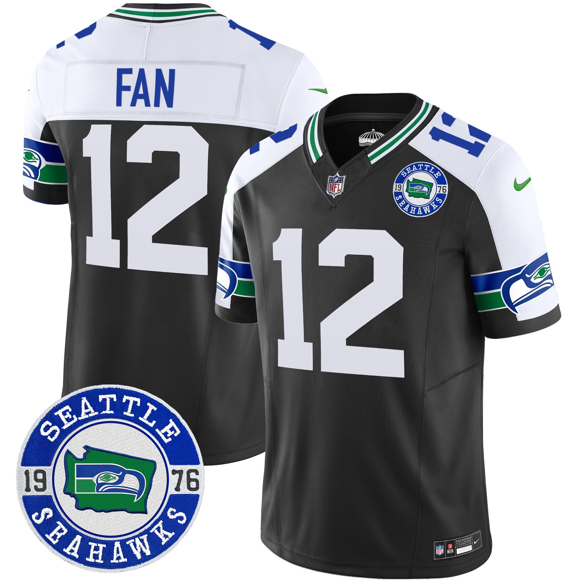 Men's Seahawks Throwback Est. 1976 Patch Vapor Limited Jersey - All Stitched - Black Alternate, 12Th Fan