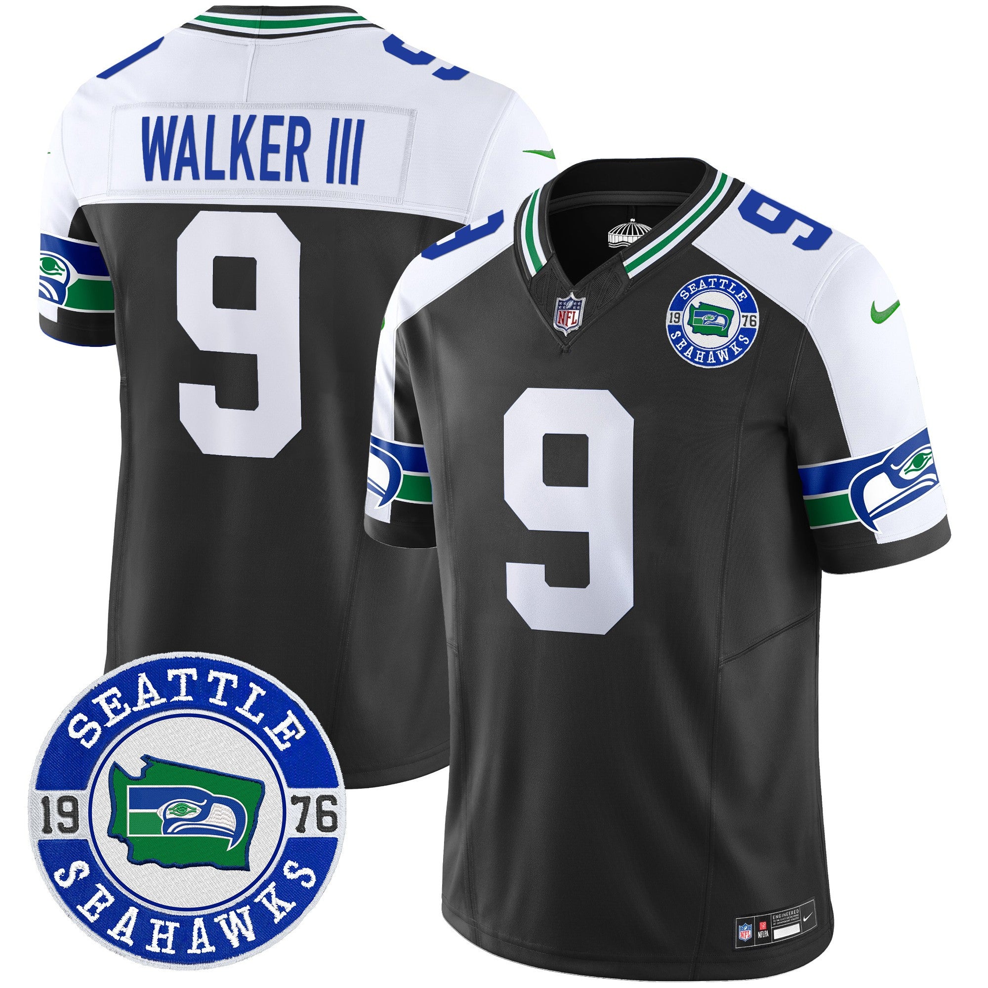 Men's Seahawks Throwback Est. 1976 Patch Vapor Limited Jersey - All Stitched - Black Alternate, Walker III