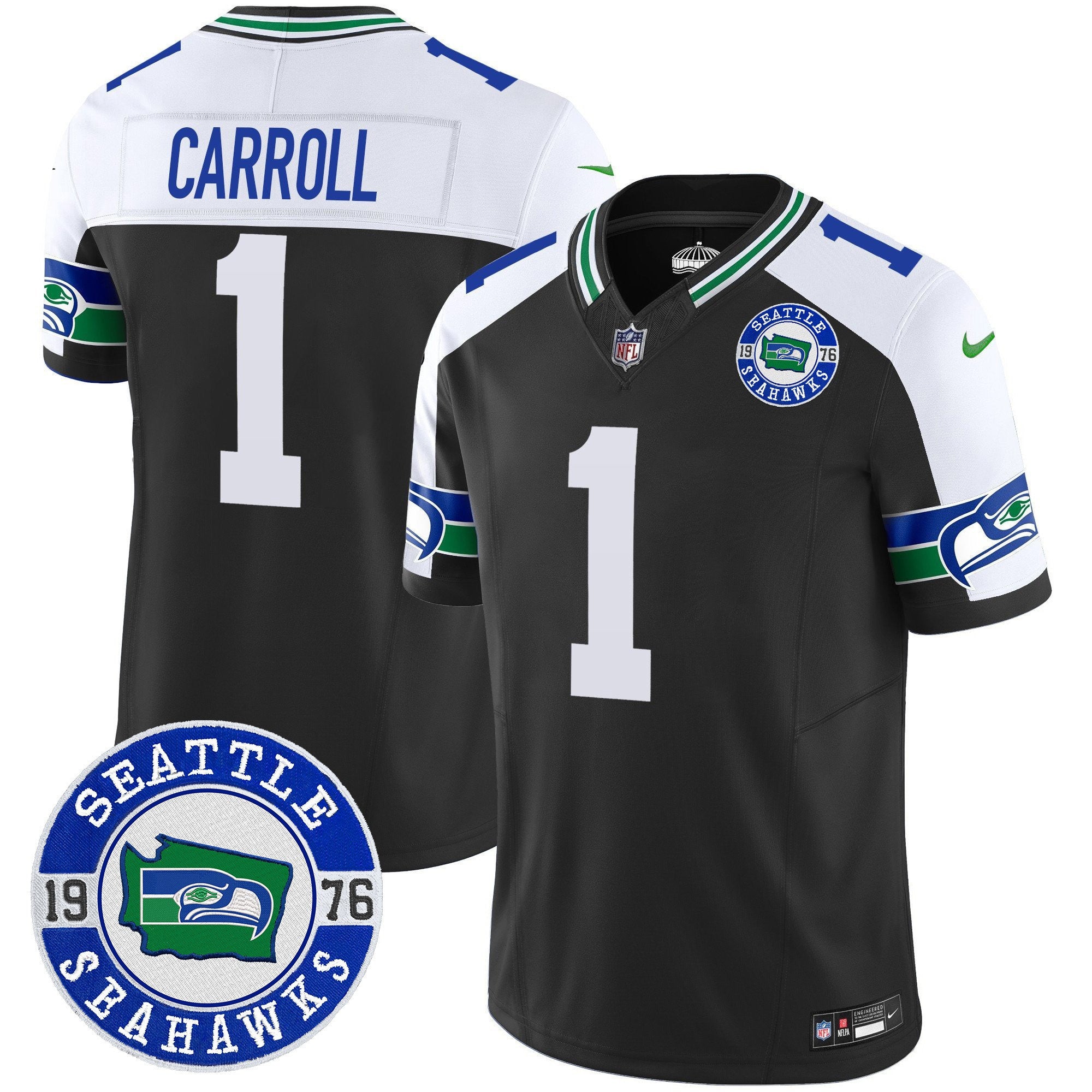 Men's Seahawks Throwback Est. 1976 Patch Vapor Limited Jersey - All Stitched - Black Alternate, Pete Carroll