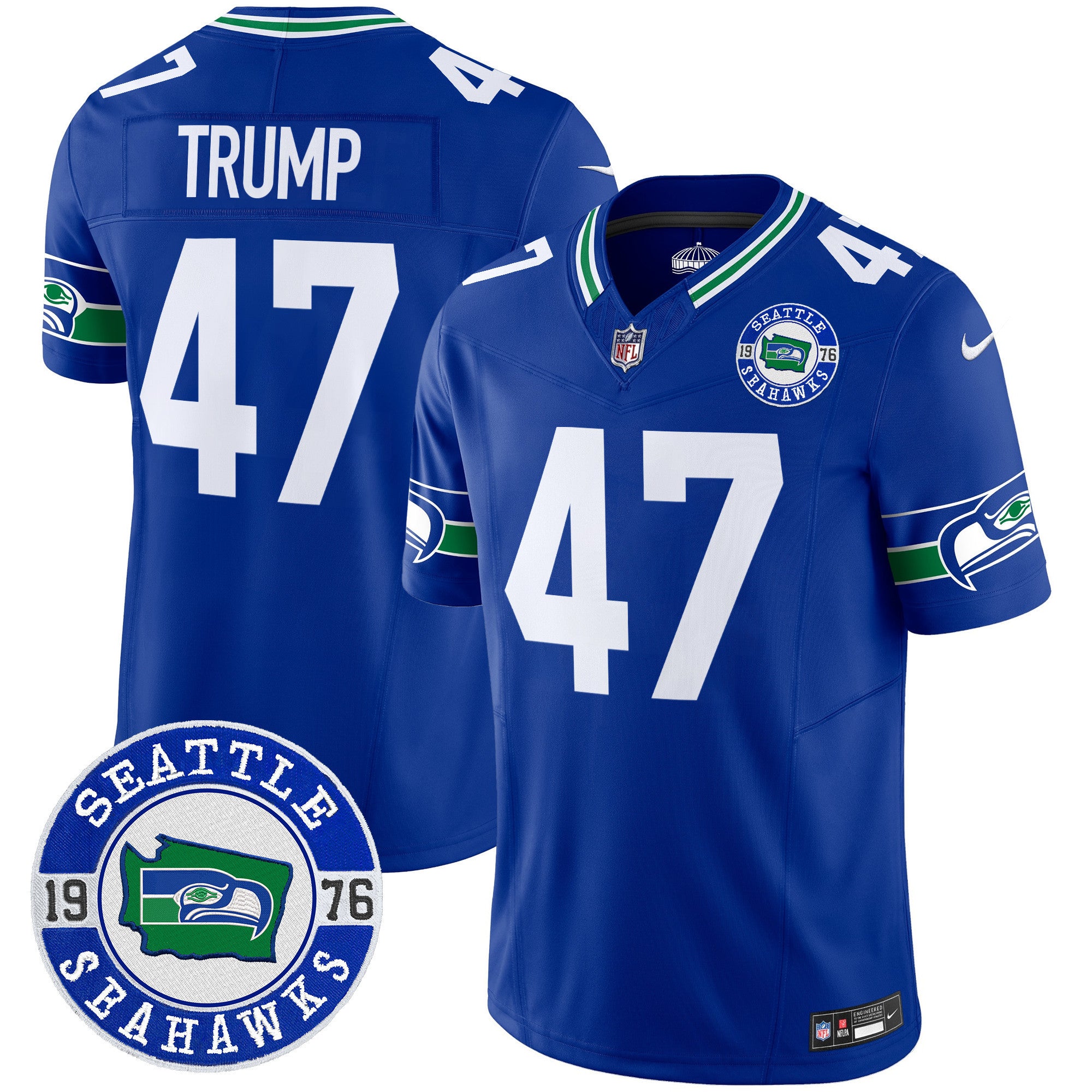 Men's Seahawks Throwback Est. 1976 Patch Vapor Limited Jersey - All Stitched - Royal, Donald Trump