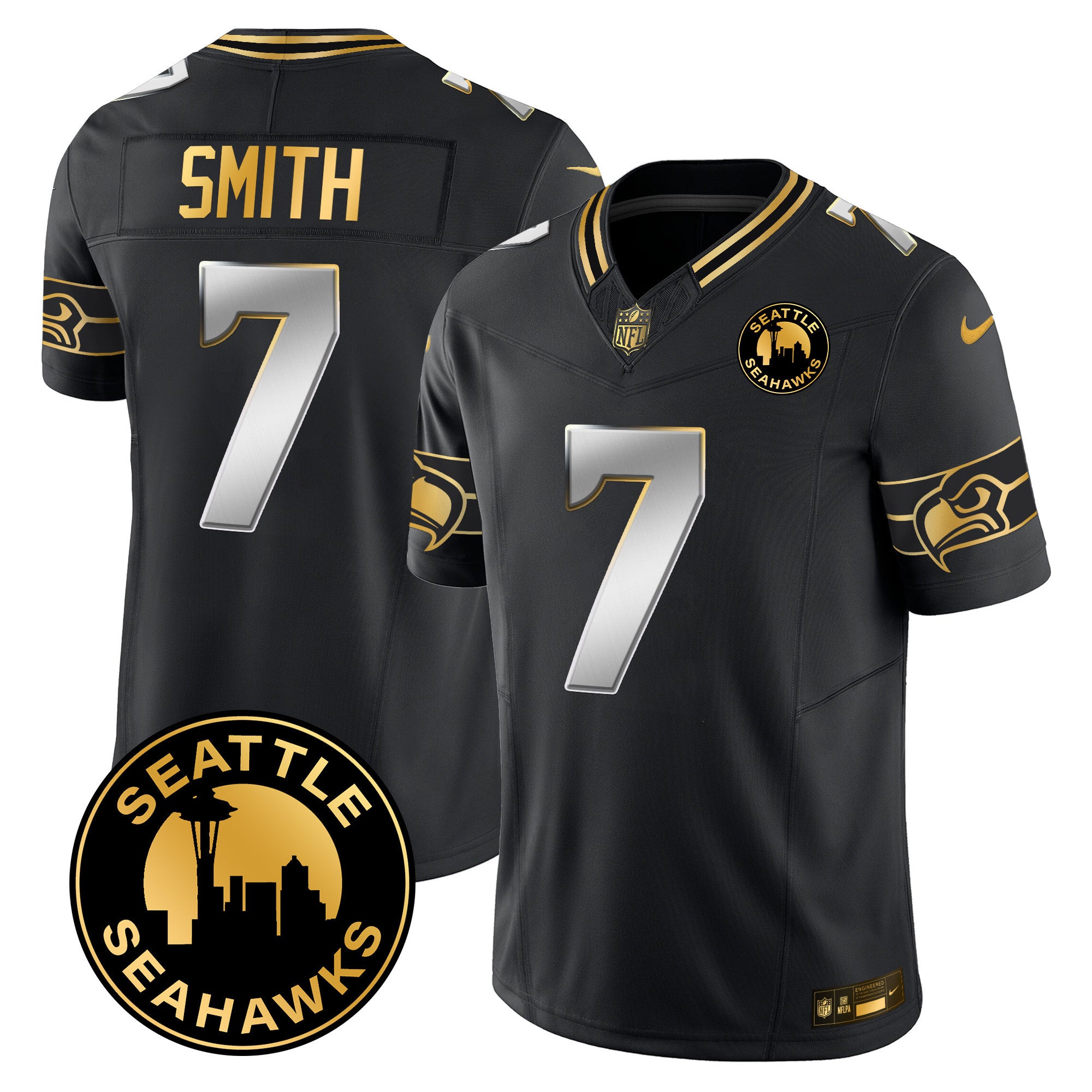 Men's Seattle Seahawks 2024 Seattle City Patch Gold Vapor Limited Jersey - All Stitched - Black Limited, Geno Smith