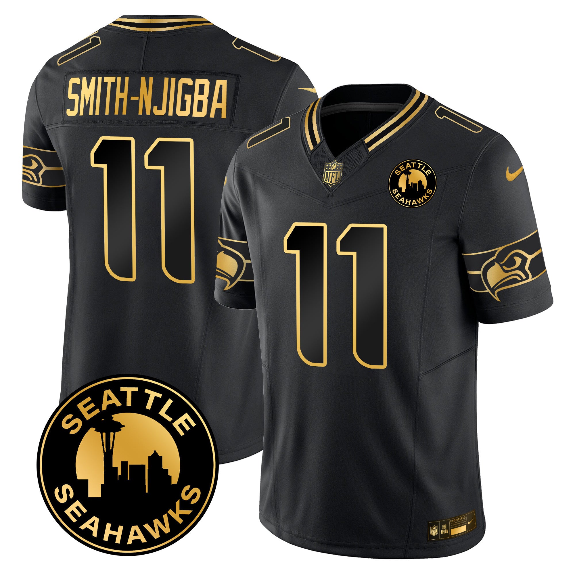 Men's Seattle Seahawks 2024 Seattle City Patch Gold Vapor Limited Jersey - All Stitched - Black Gold, Smith-Njigba