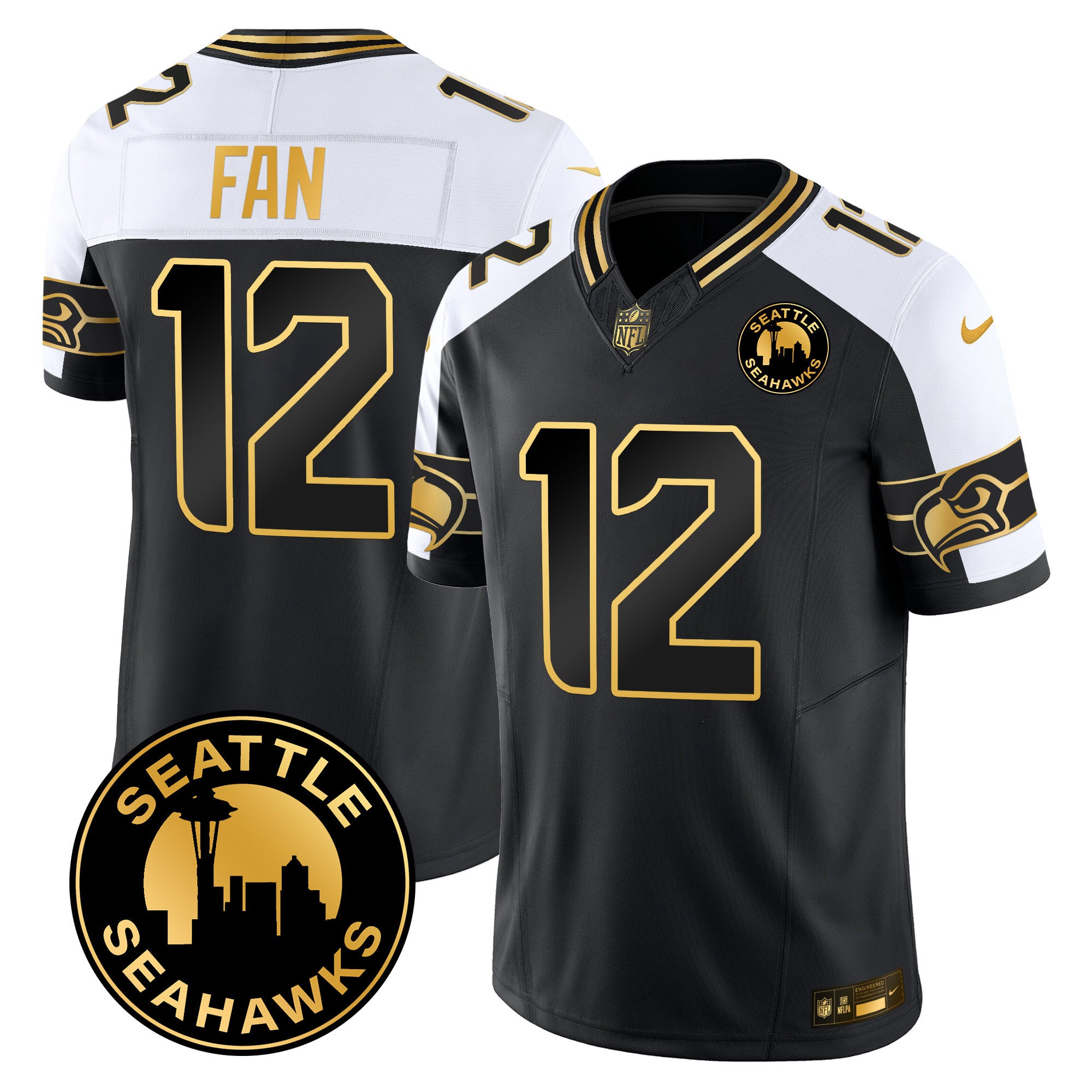 Men's Seattle Seahawks 2024 Seattle City Patch Gold Vapor Limited Jersey - All Stitched - Alternate, 12Th Fan