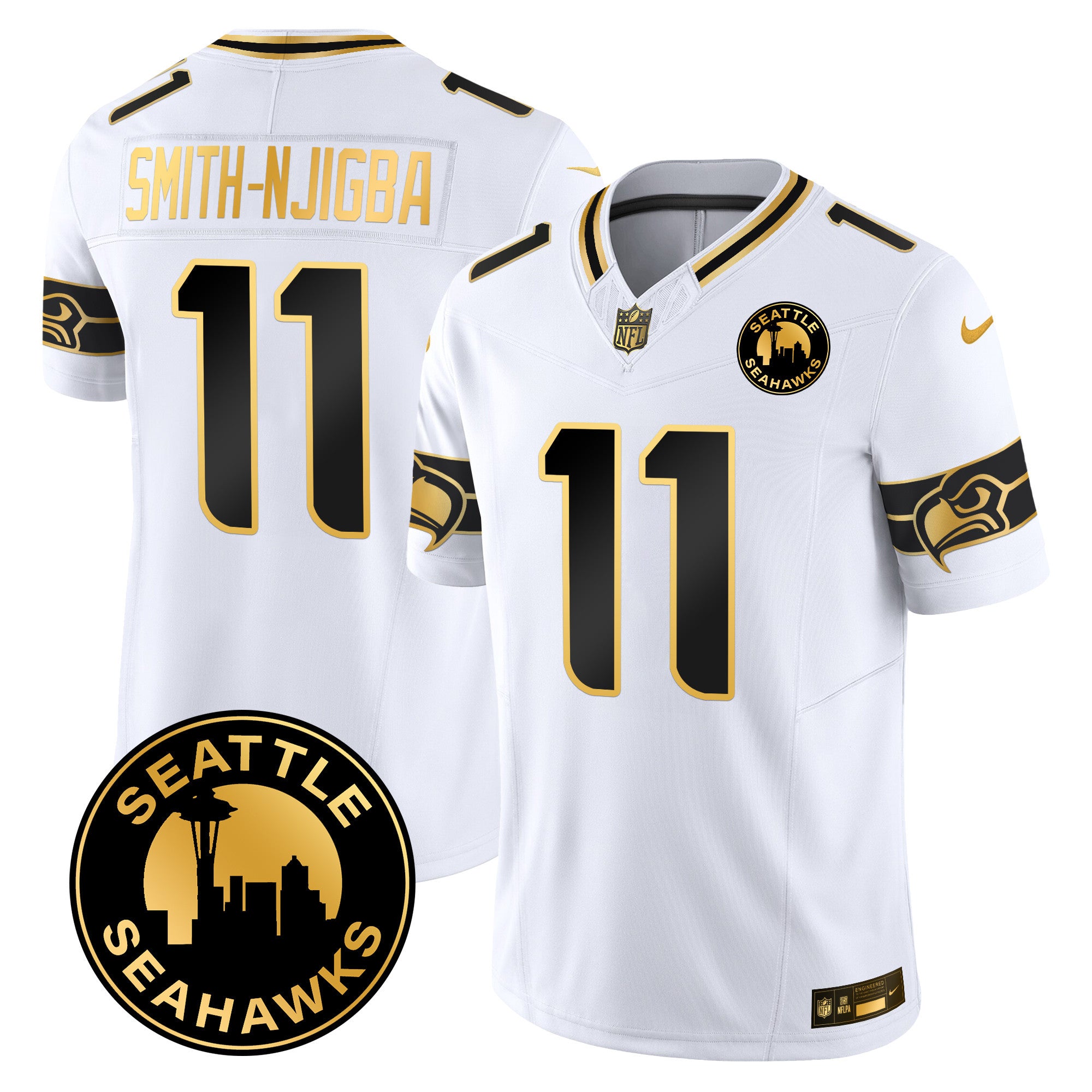 Men's Seattle Seahawks 2024 Seattle City Patch Gold Vapor Limited Jersey - All Stitched - White Gold, Smith-Njigba