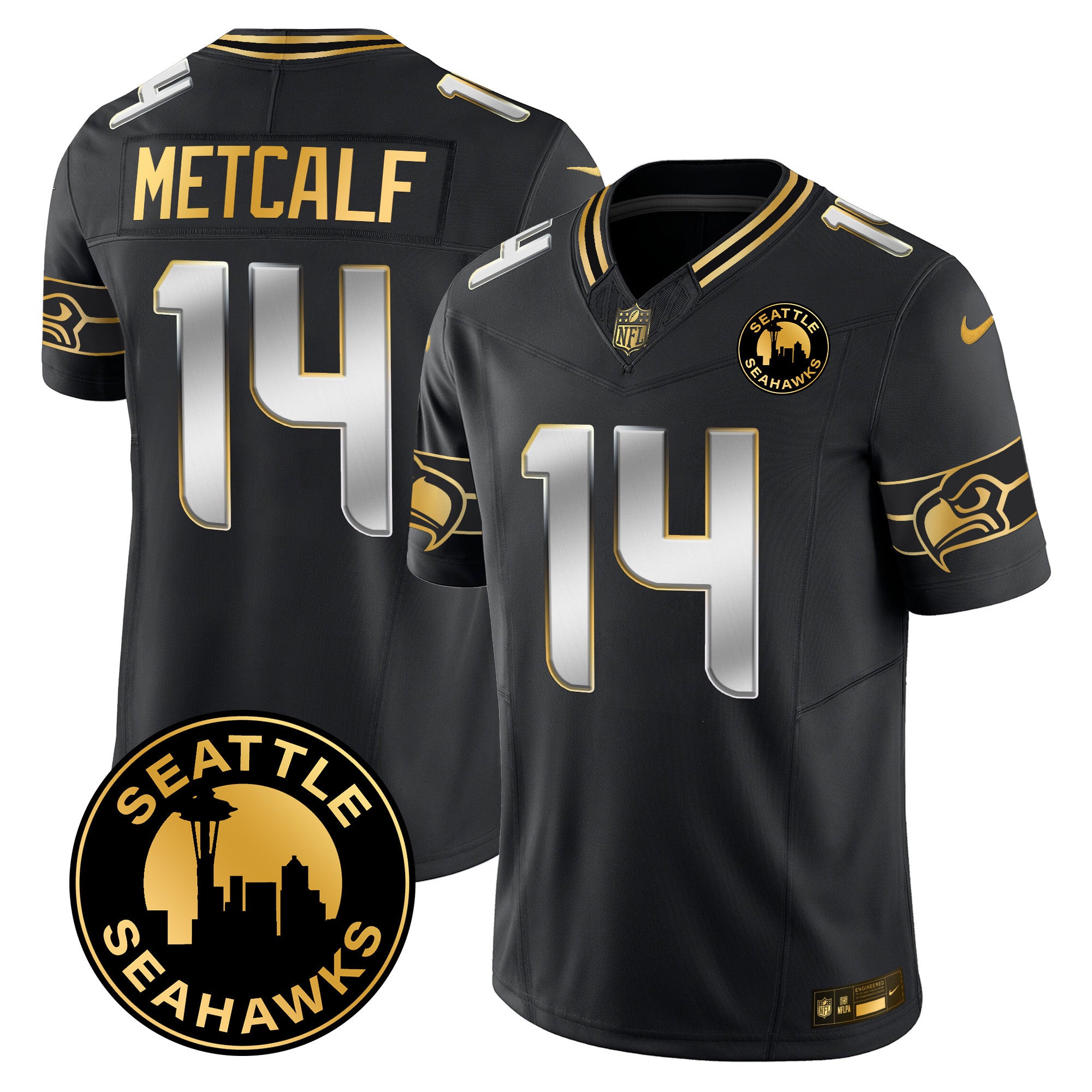 Men's Seattle Seahawks 2024 Seattle City Patch Gold Vapor Limited Jersey - All Stitched - Black Limited, Dk Metcalf