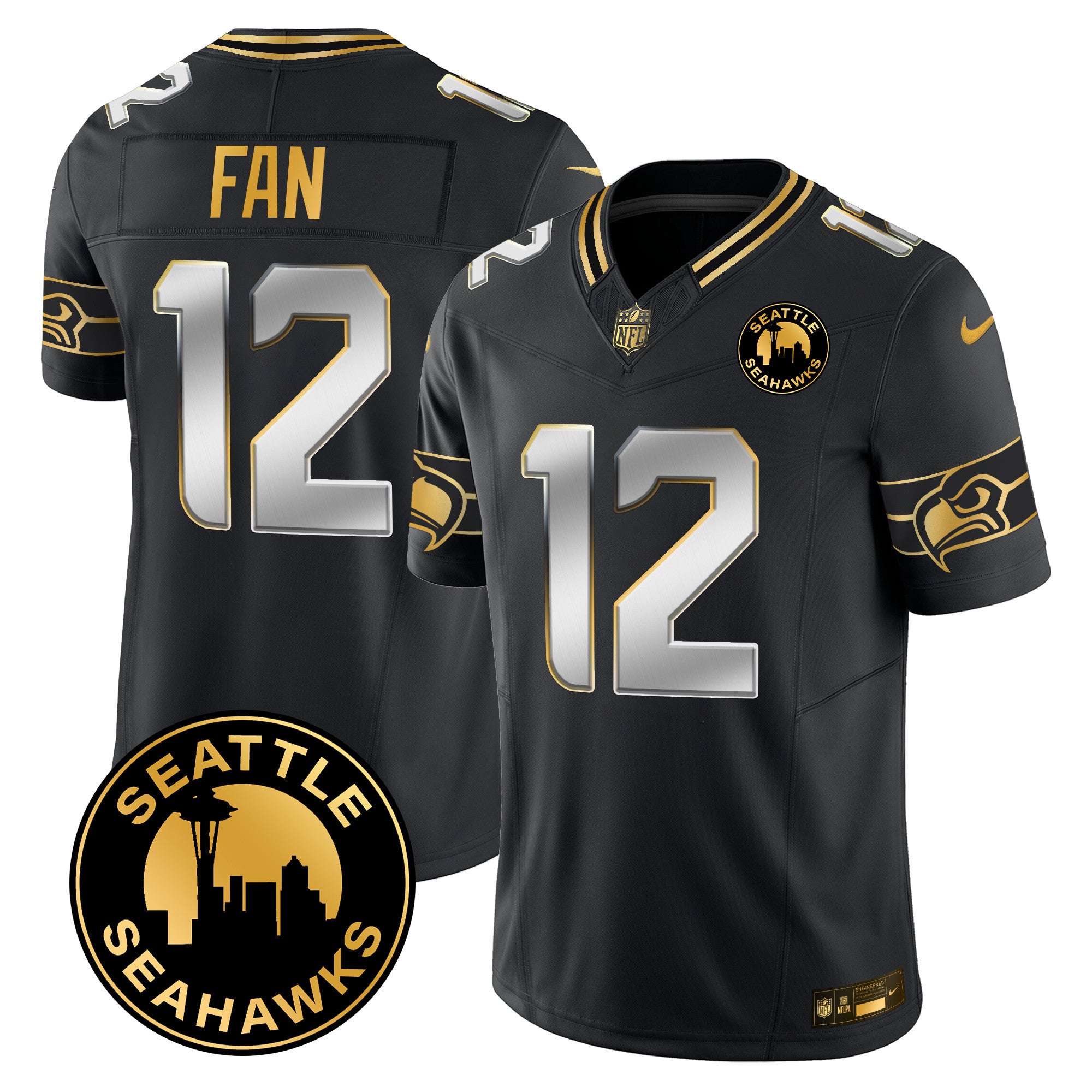 Men's Seattle Seahawks 2024 Seattle City Patch Gold Vapor Limited Jersey - All Stitched - Black Limited, 12Th Fan