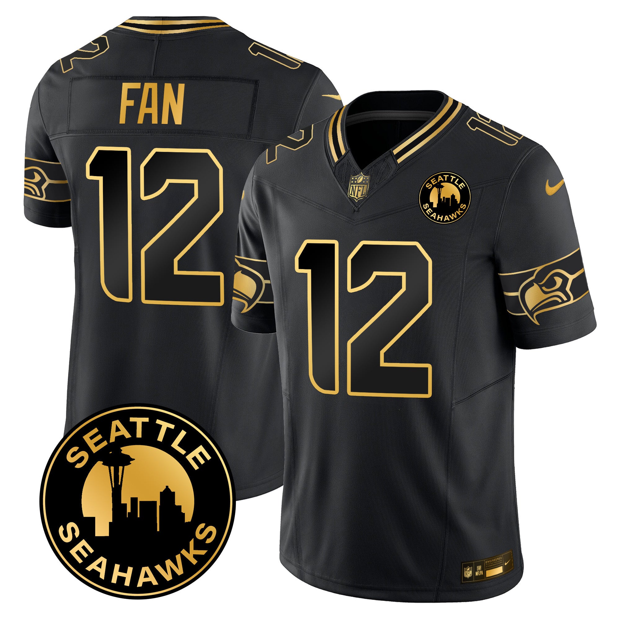 Men's Seattle Seahawks 2024 Seattle City Patch Gold Vapor Limited Jersey - All Stitched - Black Gold, 12Th Fan