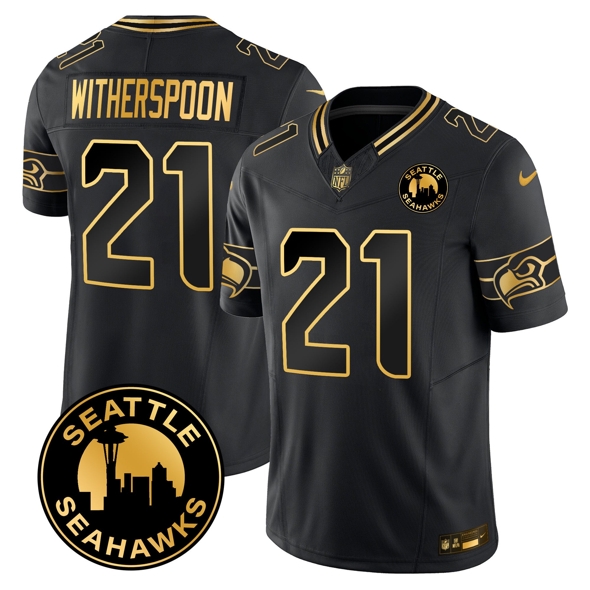Men's Seattle Seahawks 2024 Seattle City Patch Gold Vapor Limited Jersey - All Stitched - Black Gold, Devon Witherspoon