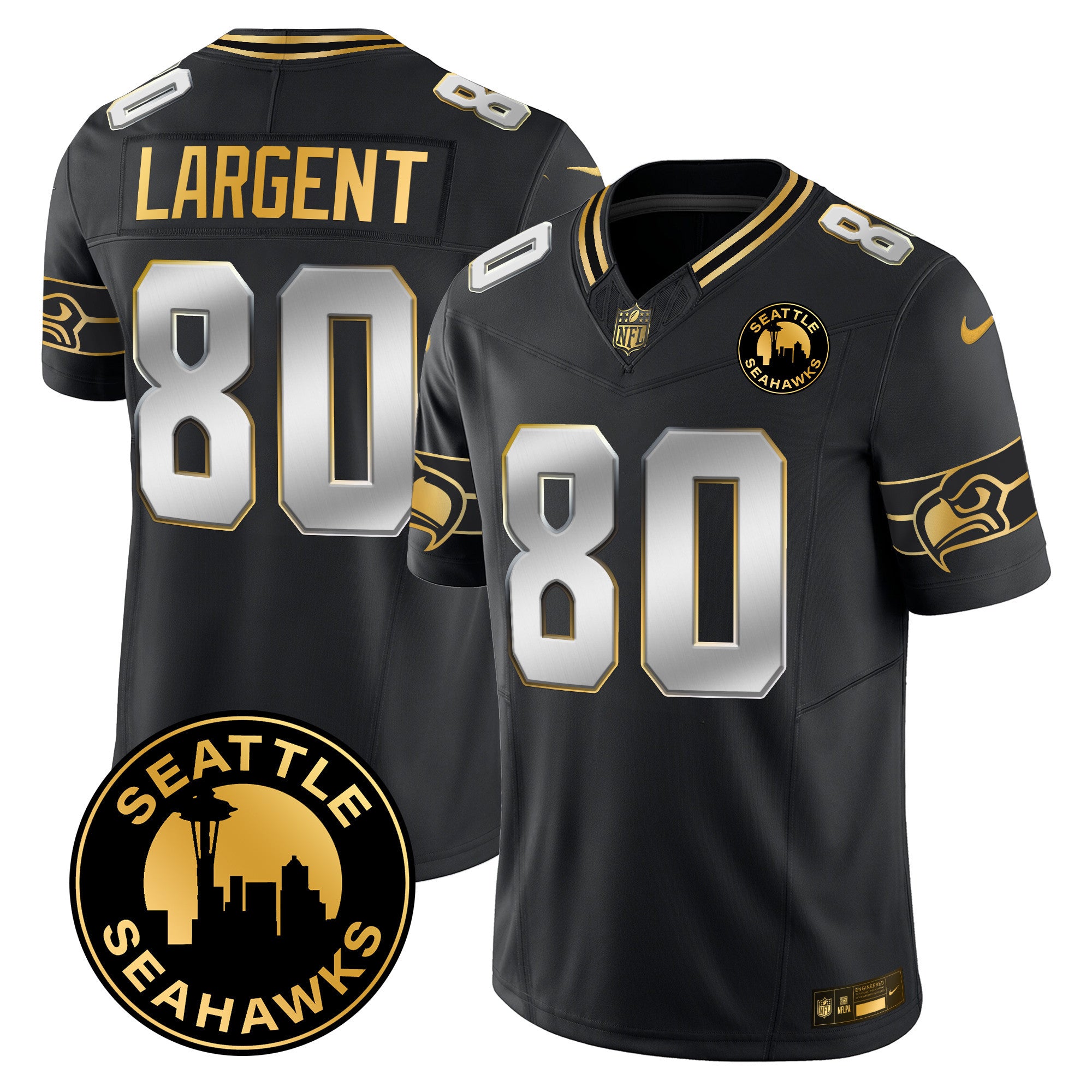 Men's Seattle Seahawks 2024 Seattle City Patch Gold Vapor Limited Jersey - All Stitched - Black Limited, Steve Largent