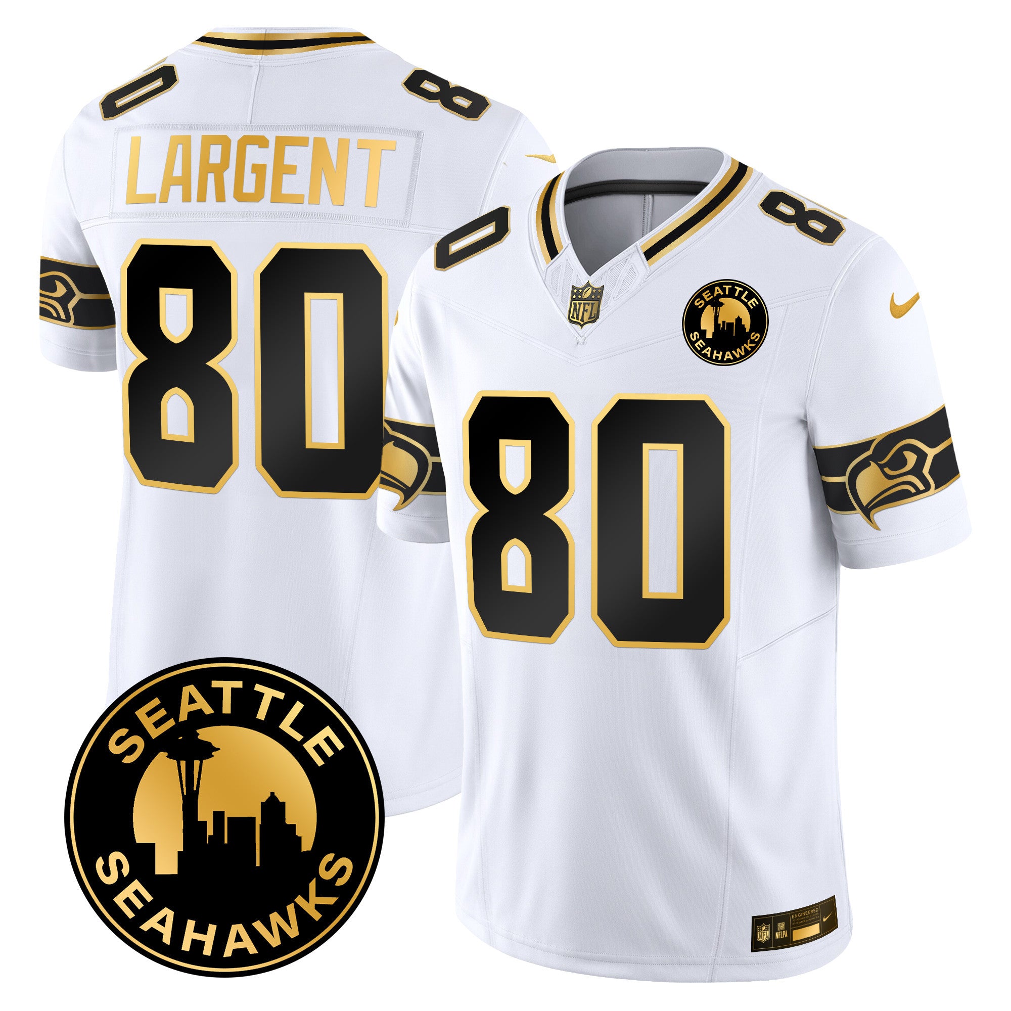 Men's Seattle Seahawks 2024 Seattle City Patch Gold Vapor Limited Jersey - All Stitched - White Gold, Steve Largent