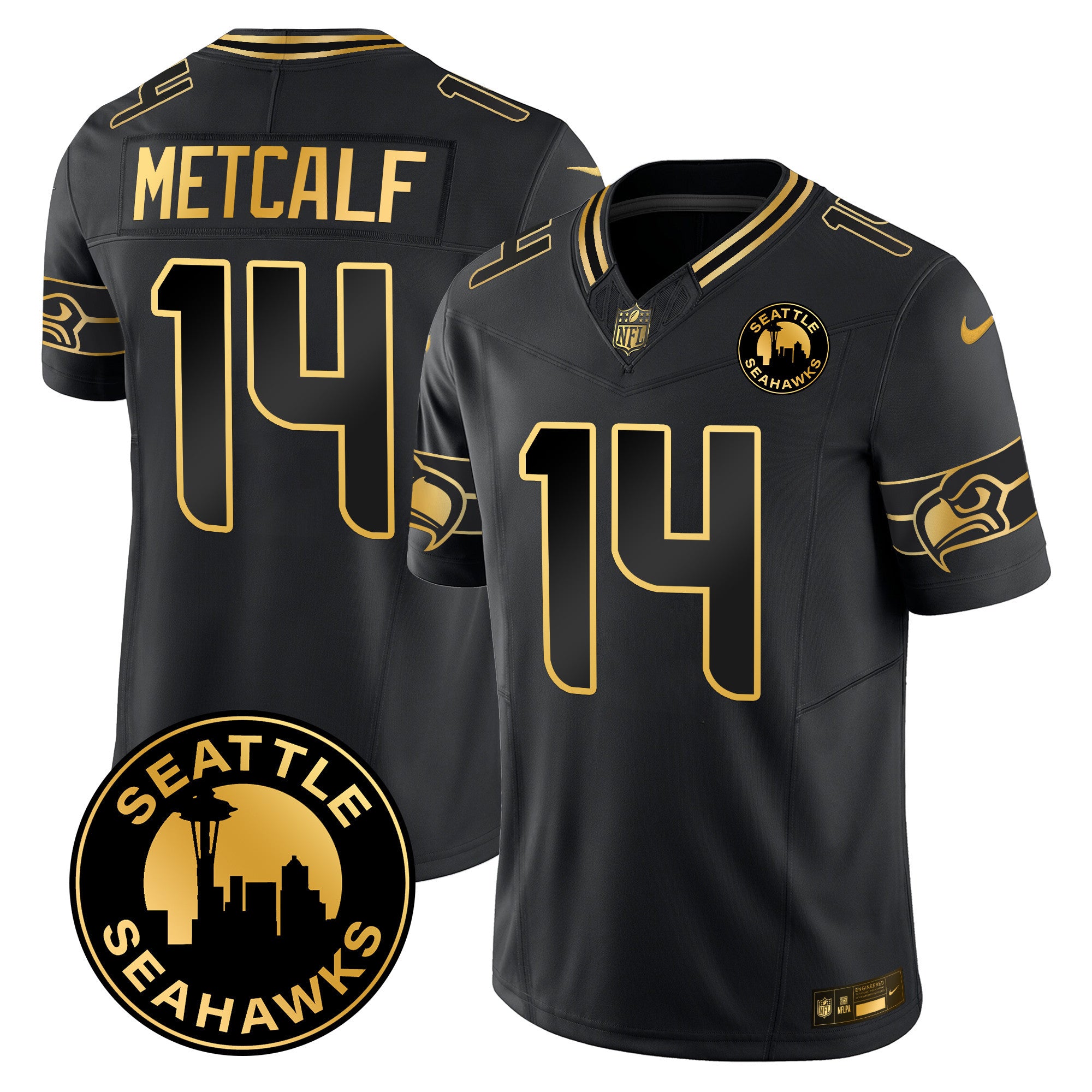 Men's Seattle Seahawks 2024 Seattle City Patch Gold Vapor Limited Jersey - All Stitched - Black Gold, Dk Metcalf