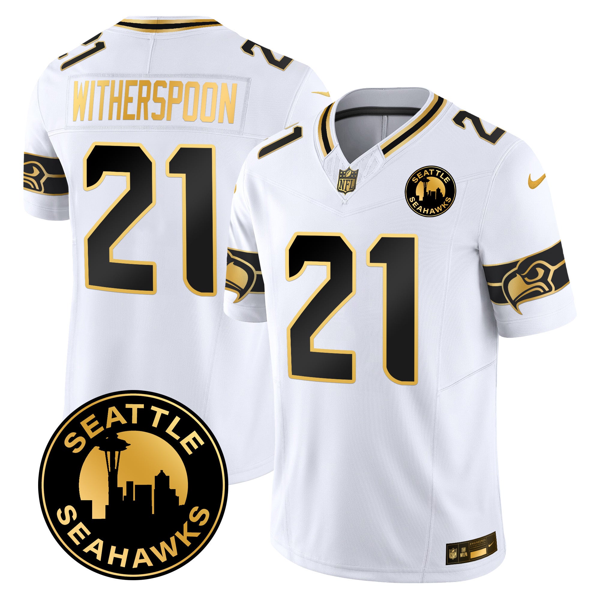 Men's Seattle Seahawks 2024 Seattle City Patch Gold Vapor Limited Jersey - All Stitched - White Gold, Devon Witherspoon